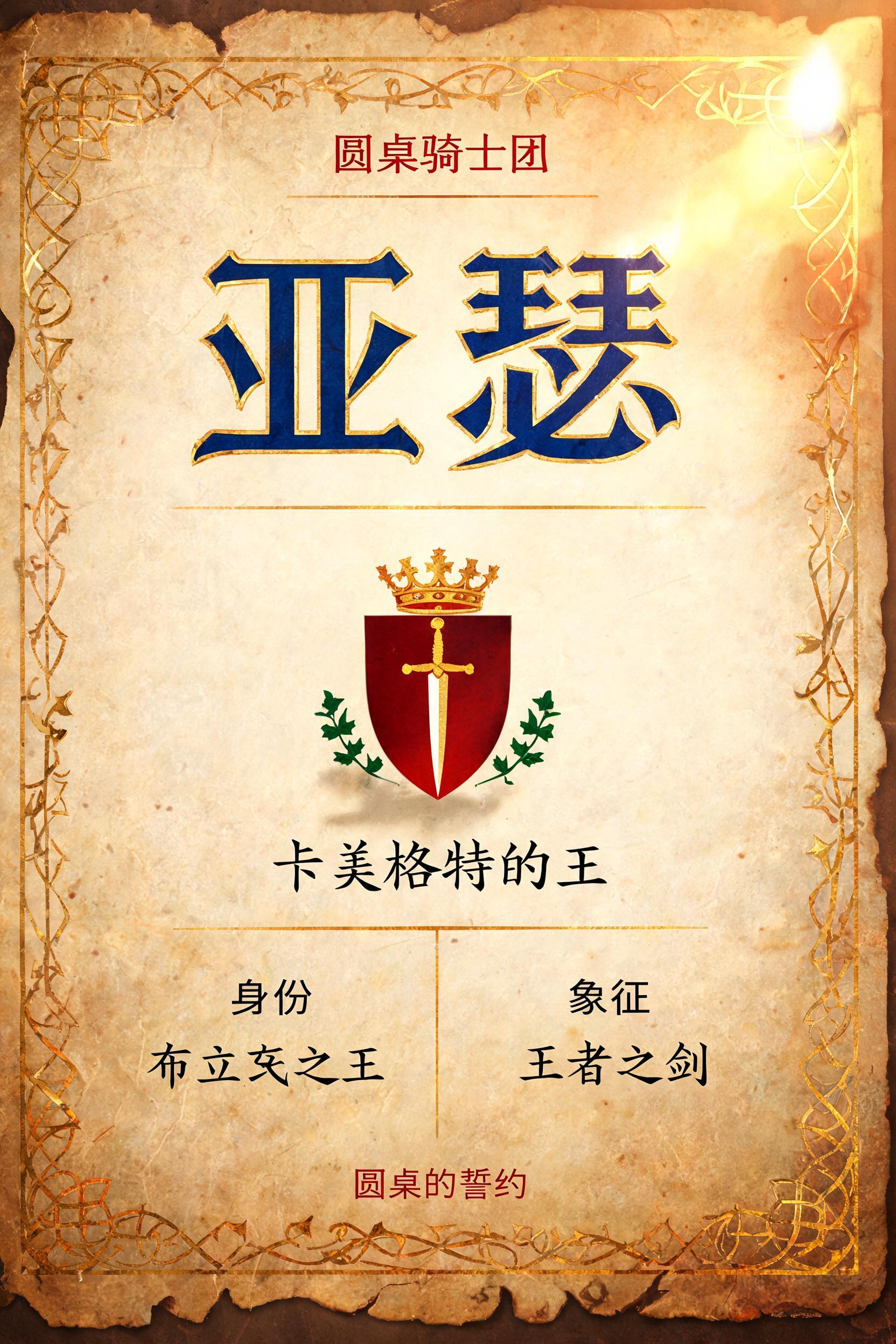 "亚瑟
圆桌骑士团
卡美洛特的王
身份
布立吞之王
象征
王者之剑
圆桌的誓约" — Medieval text effect