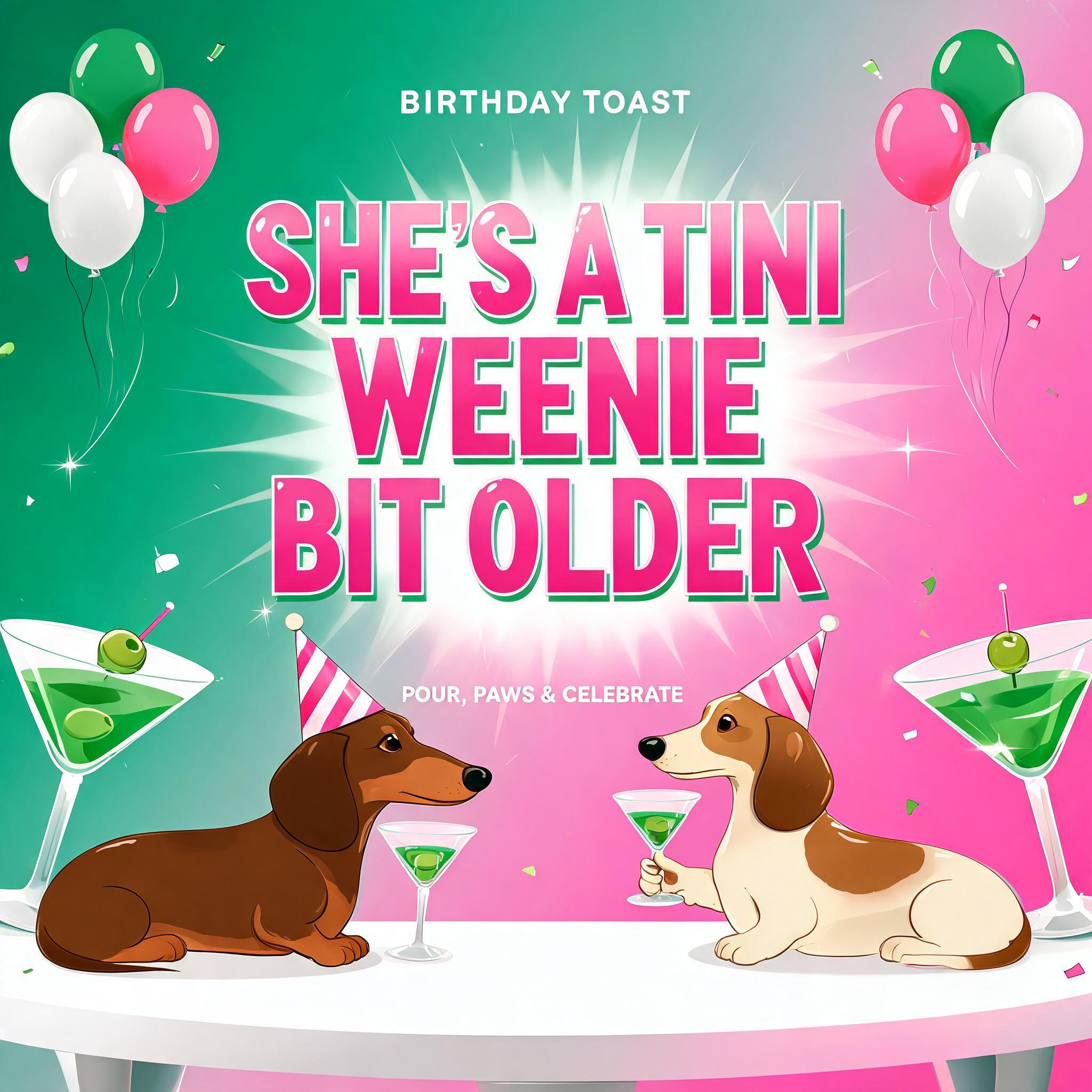 "SHE'S A TINI WEENIE
BIT OLDER
BIRTHDAY TOAST
POUR, PAWS & CELEBRATE" — Birthday text effect