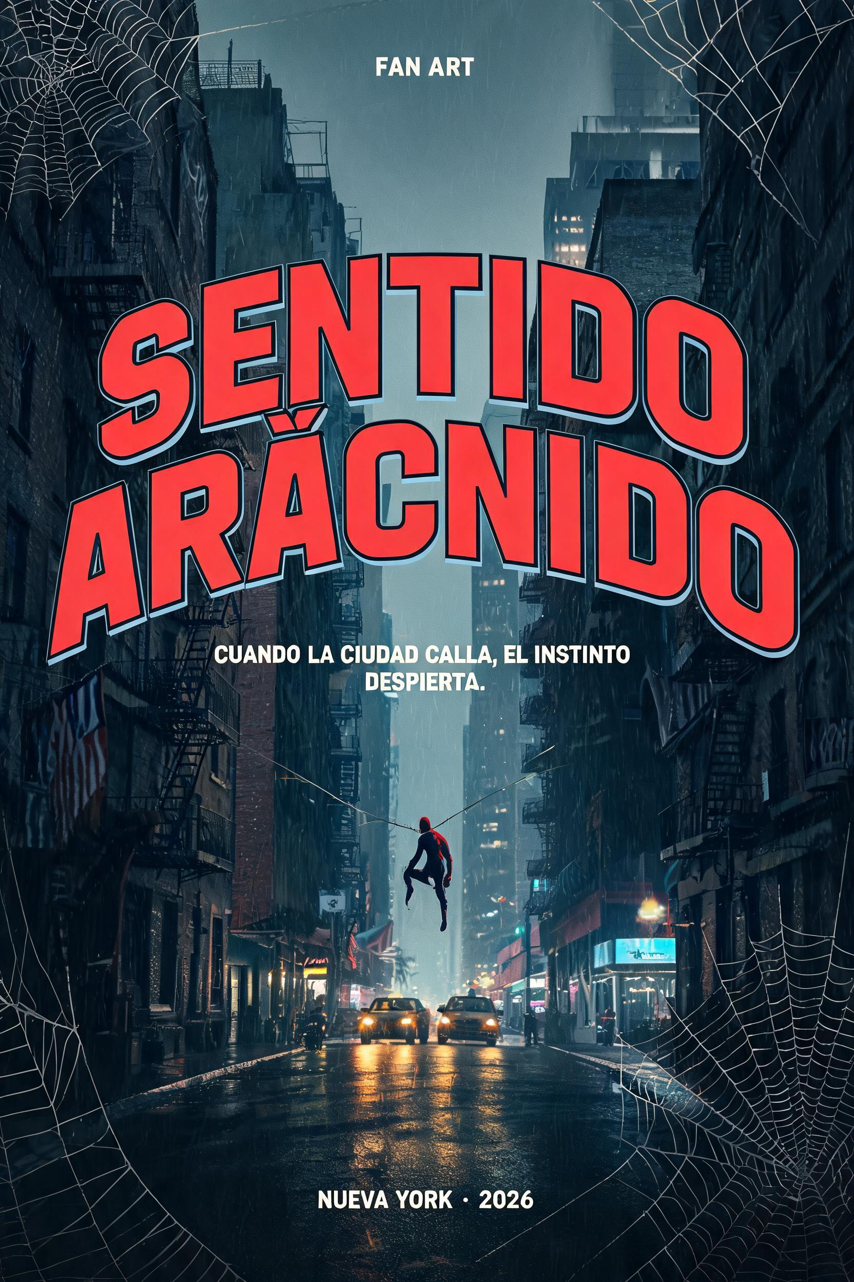 "SENTIDO
ARÁCNIDO
FAN ART
CUANDO LA CIUDAD CALLA, EL INSTINTO DESPIERTA.
NUEVA YORK · 2026" — Spider Hero text effect