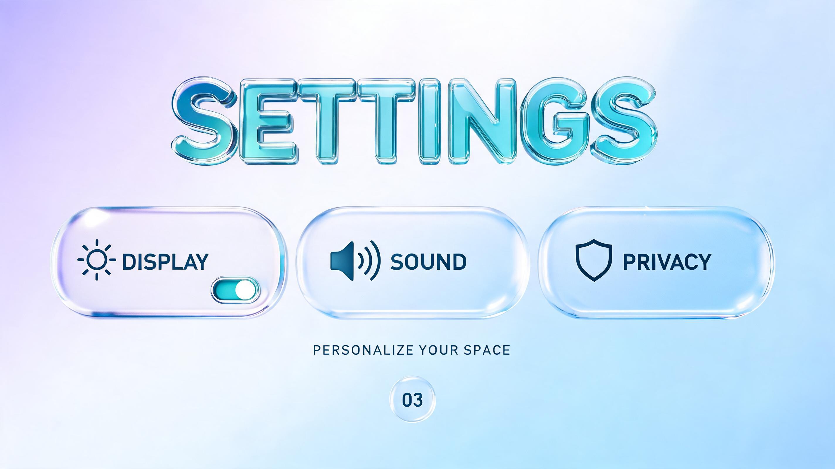 "SETTINGS
DISPLAY
SOUND
PRIVACY
PERSONALIZE YOUR SPACE
03" — Glass Liquid | AI Text Effect Generator