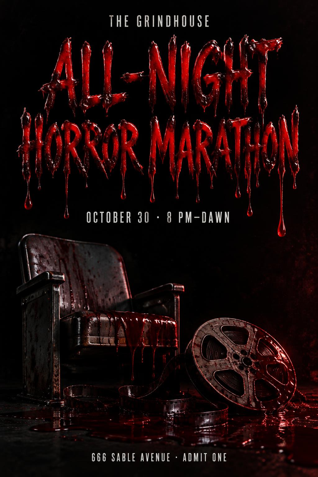 "ALL-NIGHT
HORROR MARATHON
THE GRINDHOUSE
OCTOBER 30 · 8 PM–DAWN
666 SABLE AVENUE · ADMIT ONE" — Drip Font Blood | AI Text Effect Generator