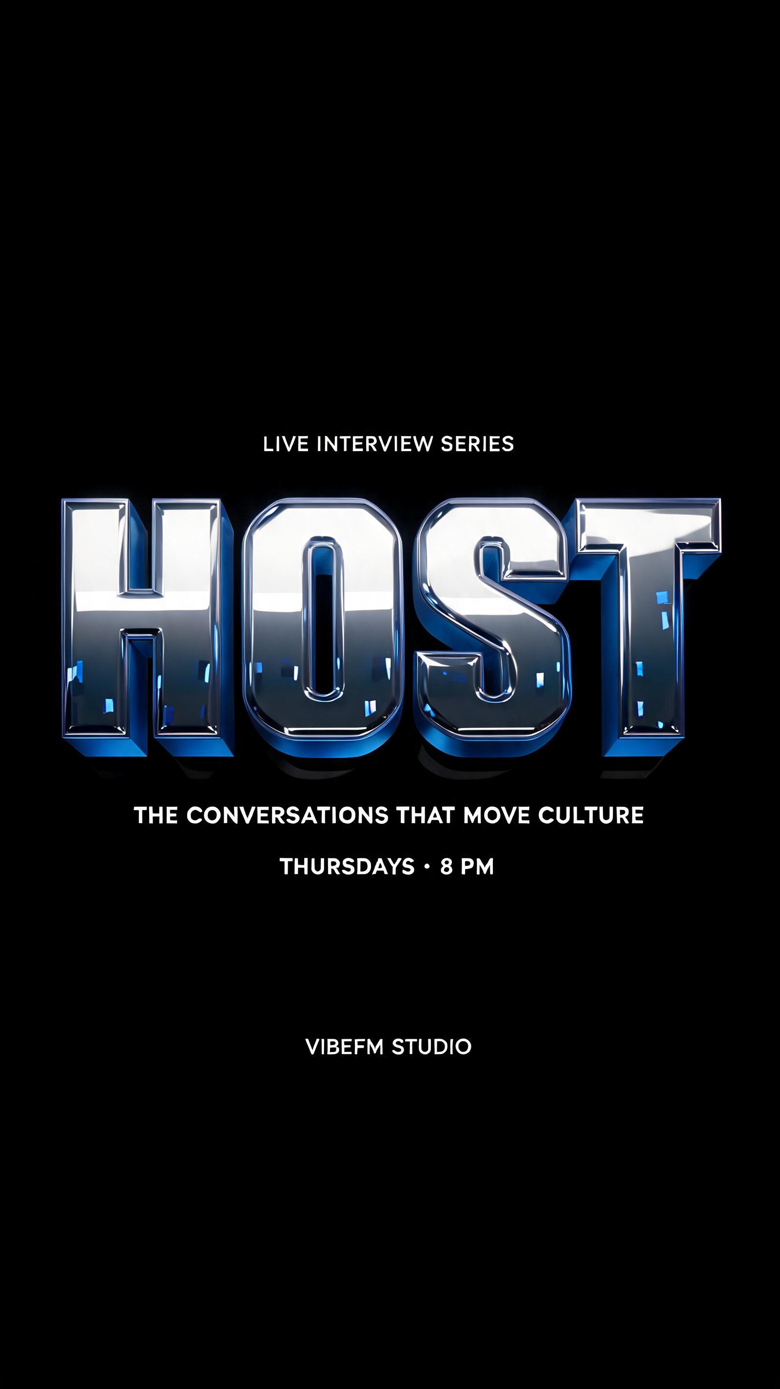 "HOST
LIVE INTERVIEW SERIES
THE CONVERSATIONS THAT MOVE CULTURE
THURSDAYS · 8 PM
VIBEFM STUDIO" — Chrome Metal 3d | AI Text Effect Generator