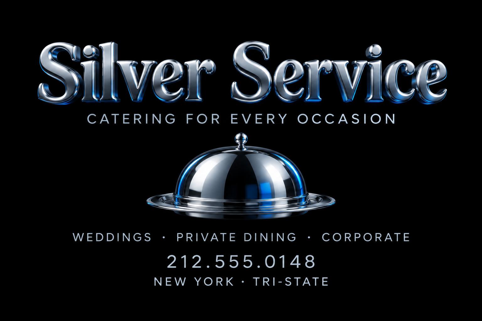 "Silver Service
CATERING FOR EVERY OCCASION
WEDDINGS · PRIVATE DINING · CORPORATE
212.555.0148
NEW YORK · TRI-STATE" — Chrome Metal 3d | AI Text Effect Generator