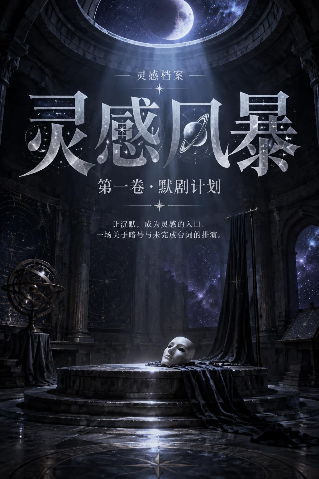 "灵感风暴
第一卷·默剧计划
让沉默，成为灵感的入口。一场关于暗号与未完成台词的排演。
灵感档案" — Celestial Symbol text effect
