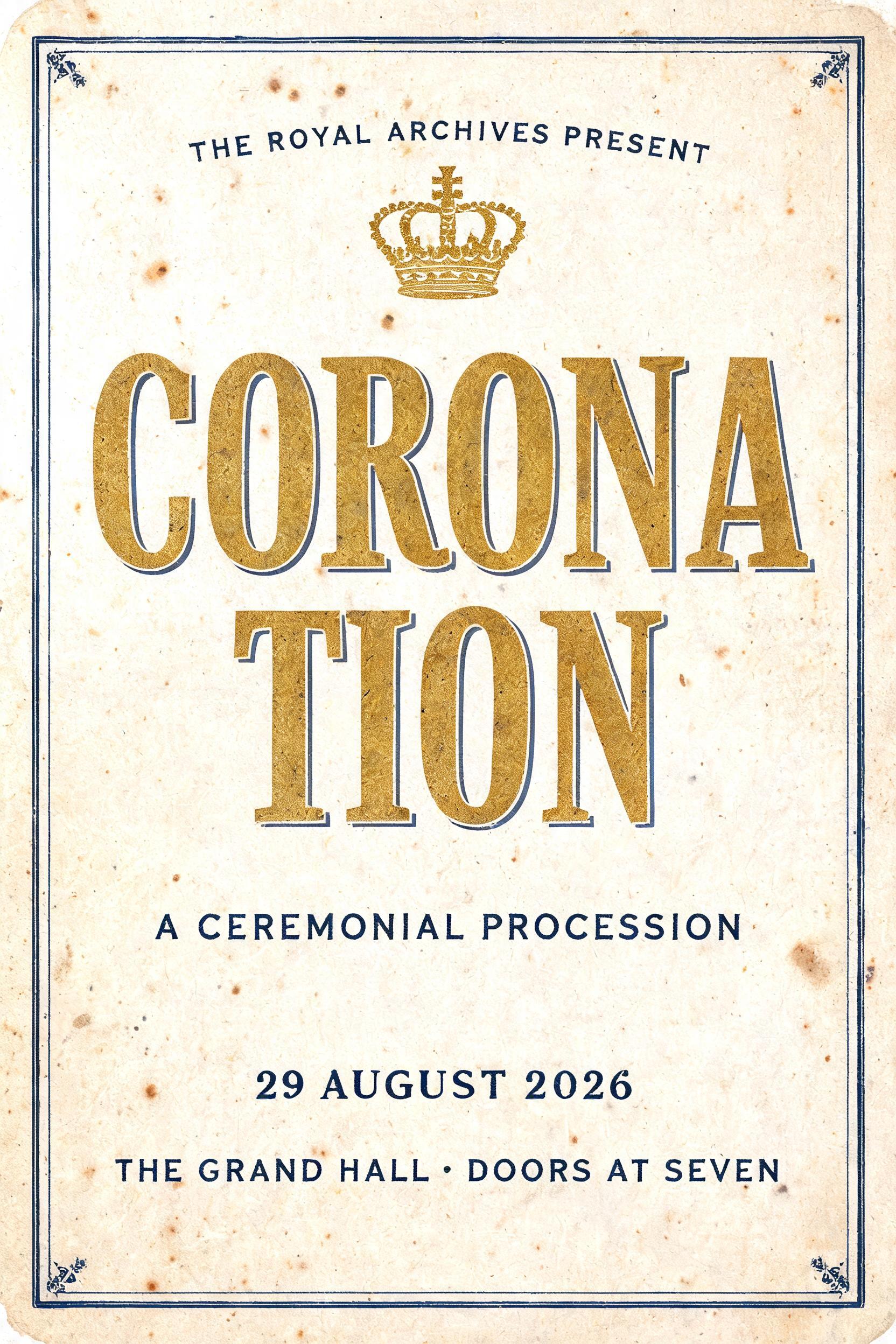 "THE ROYAL ARCHIVES PRESENT
CORONATION
A CEREMONIAL PROCESSION
29 AUGUST 2026
THE GRAND HALL · DOORS AT SEVEN" — Vintage | AI Text Effect Generator