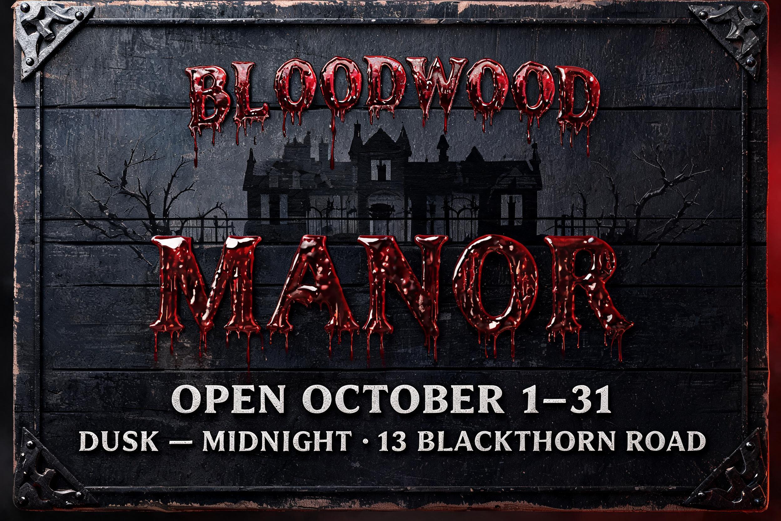 "HAUNTED ATTRACTION
BLOODWOOD
MANOR
OPEN OCTOBER 1–31
DUSK — MIDNIGHT · 13 BLACKTHORN ROAD" — Drip Font Blood | AI Text Effect Generator