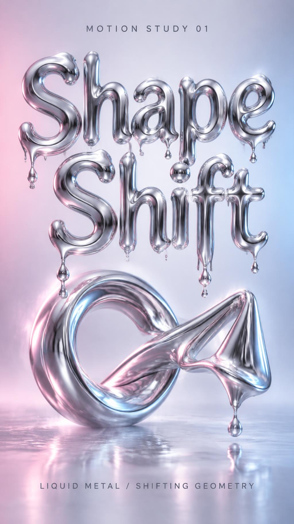 "Shape Shift
MOTION STUDY 01
LIQUID METAL / SHIFTING GEOMETRY" — Y2k Liquid | AI Text Effect Generator