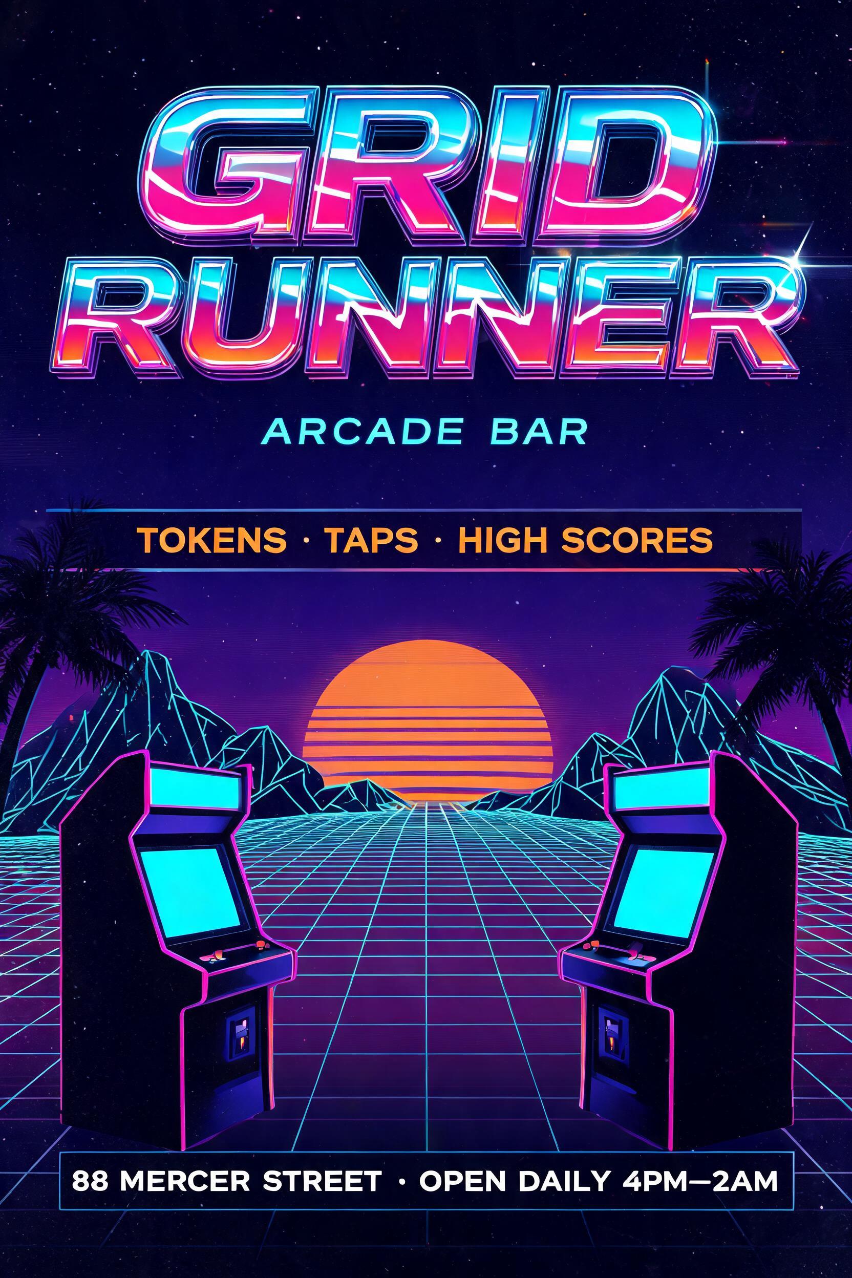 "Make a poster for the arcade bar Grid Runner" — Synthwave text effect