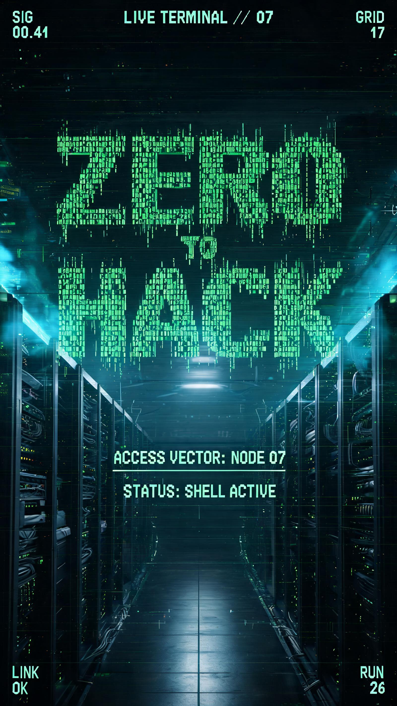 "ZERO
TO
HACK
LIVE TERMINAL // 07
ACCESS VECTOR: NODE 07
STATUS: SHELL ACTIVE
SIG 00.41
GRID 17
LINK OK
RUN 26" — Cyberpunk Tech Hud text effect