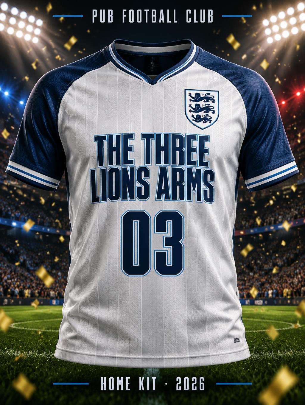 "THE THREE LIONS ARMS
PUB FOOTBALL CLUB
03
HOME KIT · 2026" — Sports Football | AI Text Effect Generator