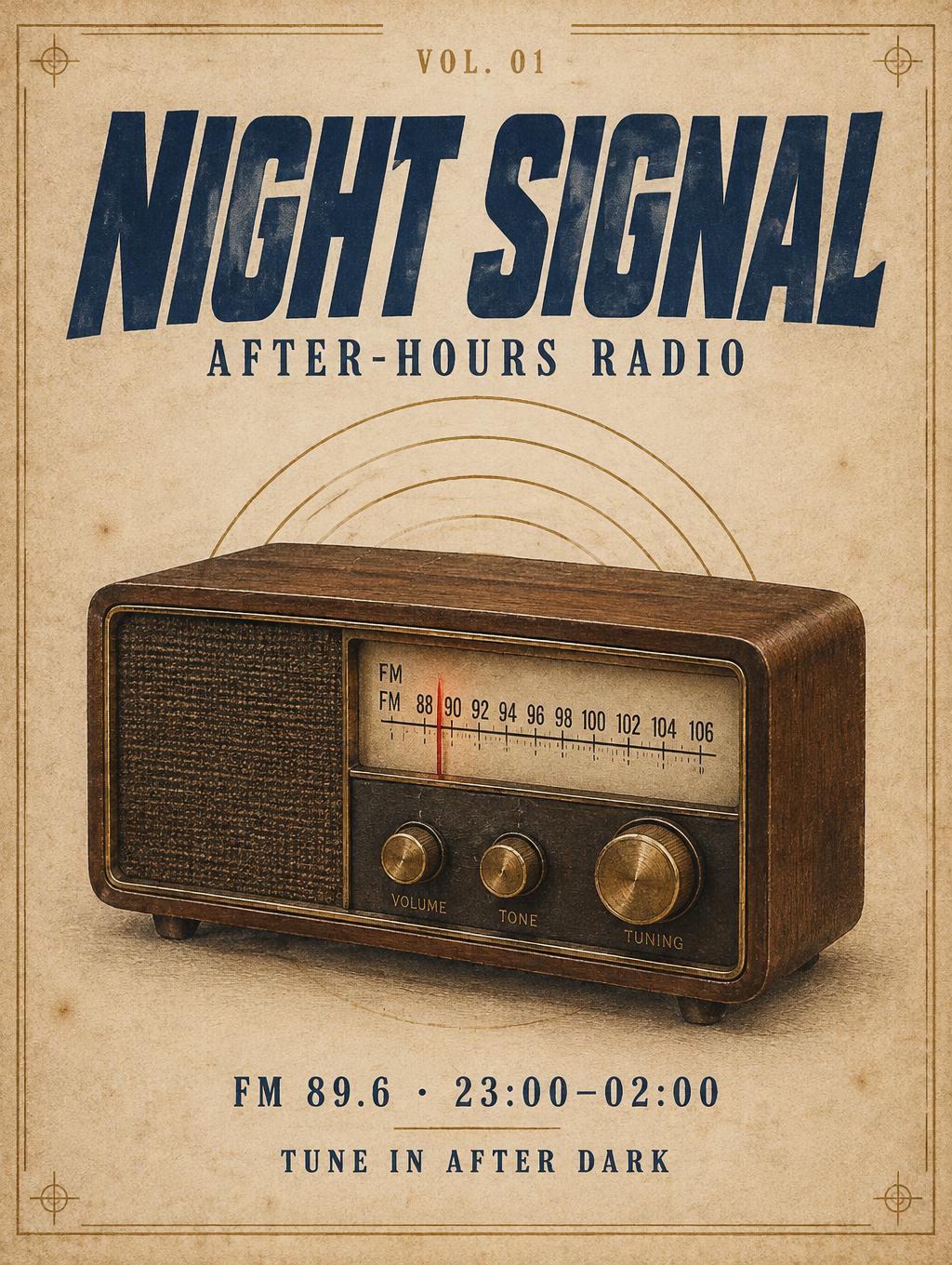 "NIGHT SIGNAL
AFTER-HOURS RADIO
FM 89.6 · 23:00–02:00
TUNE IN AFTER DARK
VOL. 01" — Vintage | AI Text Effect Generator