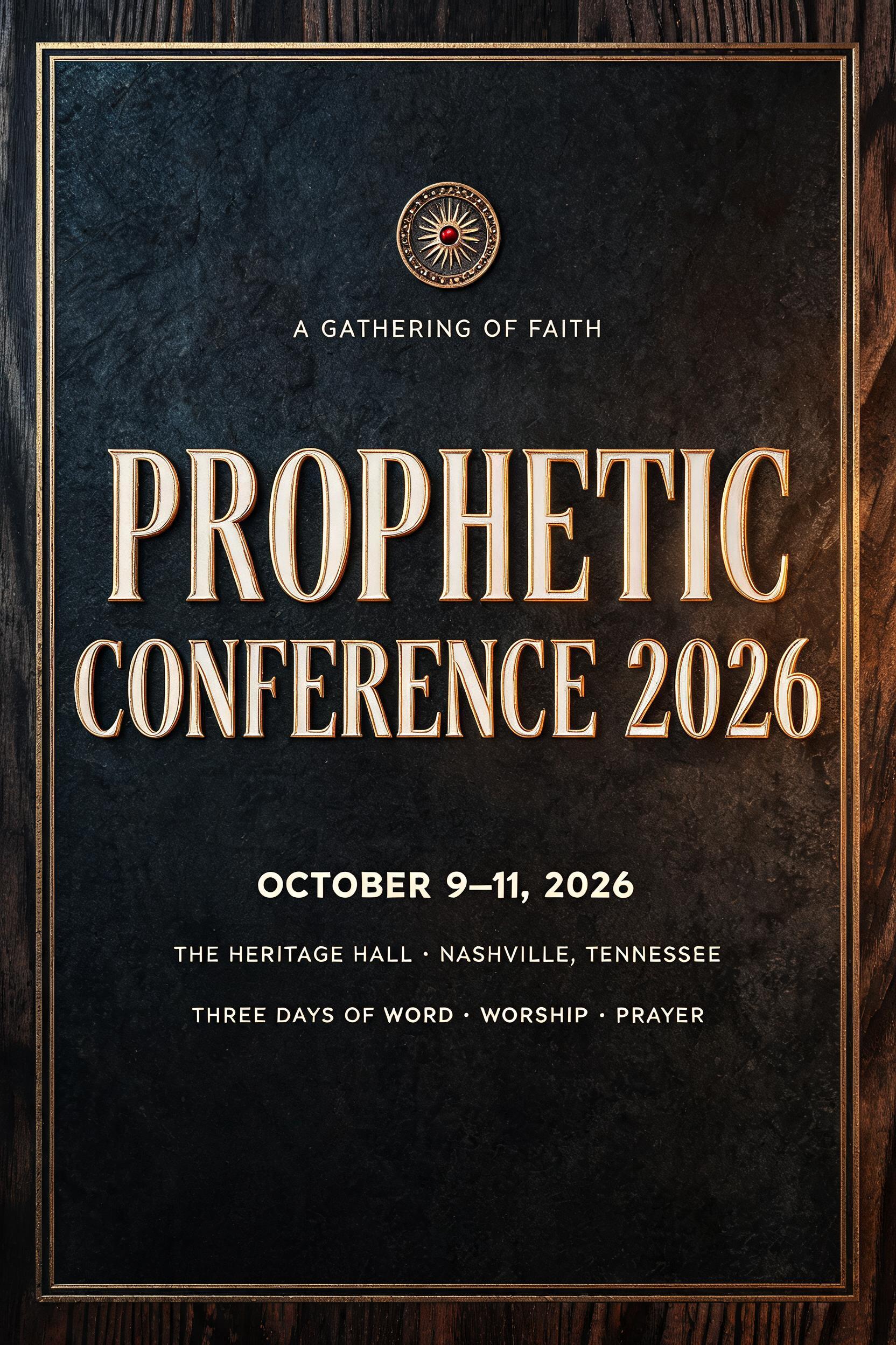 "PROPHETIC
CONFERENCE 2026
A GATHERING OF FAITH
OCTOBER 9–11, 2026
THE HERITAGE HALL · NASHVILLE, TENNESSEE
THREE DAYS OF WORD · WORSHIP · PRAYER" — Romantic Him | AI Text Effect Generator