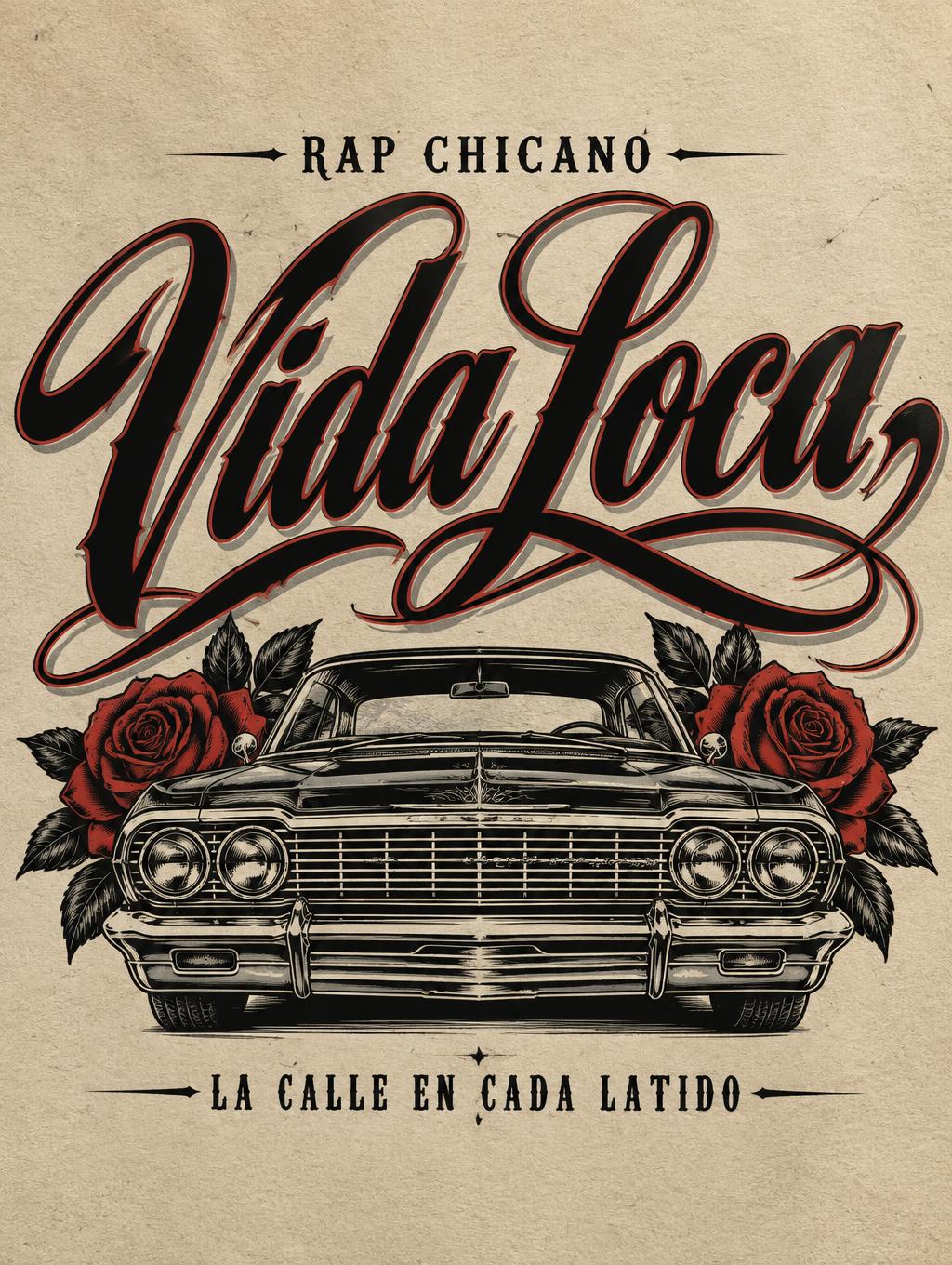 "Vida Loca
RAP CHICANO
LA CALLE EN CADA LATIDO" — Chicano text effect