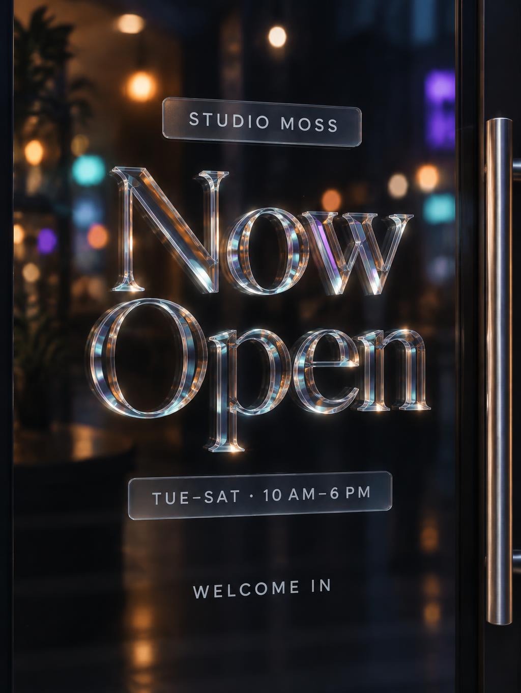 "Now
Open
STUDIO MOSS
TUE–SAT · 10 AM–6 PM
WELCOME IN" — Glass Morphism | AI Text Effect Generator