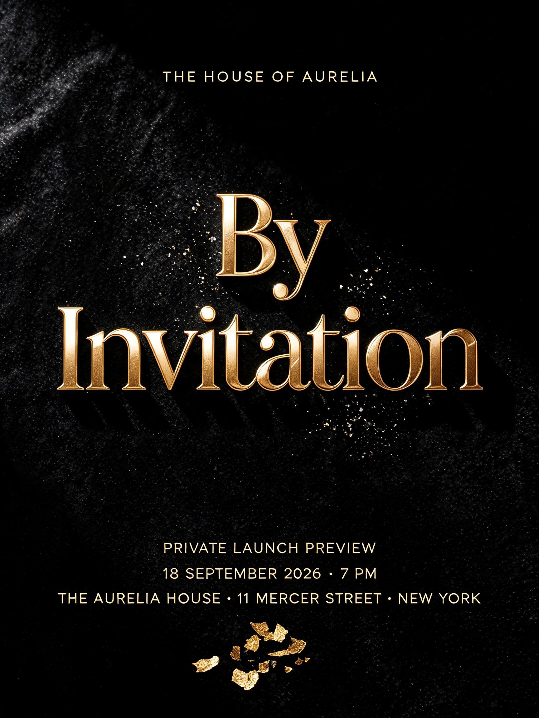 "By Invitation
THE HOUSE OF AURELIA
PRIVATE LAUNCH PREVIEW
18 SEPTEMBER 2026 · 7 PM
THE AURELIA HOUSE · 11 MERCER STREET · NEW YORK" — Luxury Gold | AI Text Effect Generator