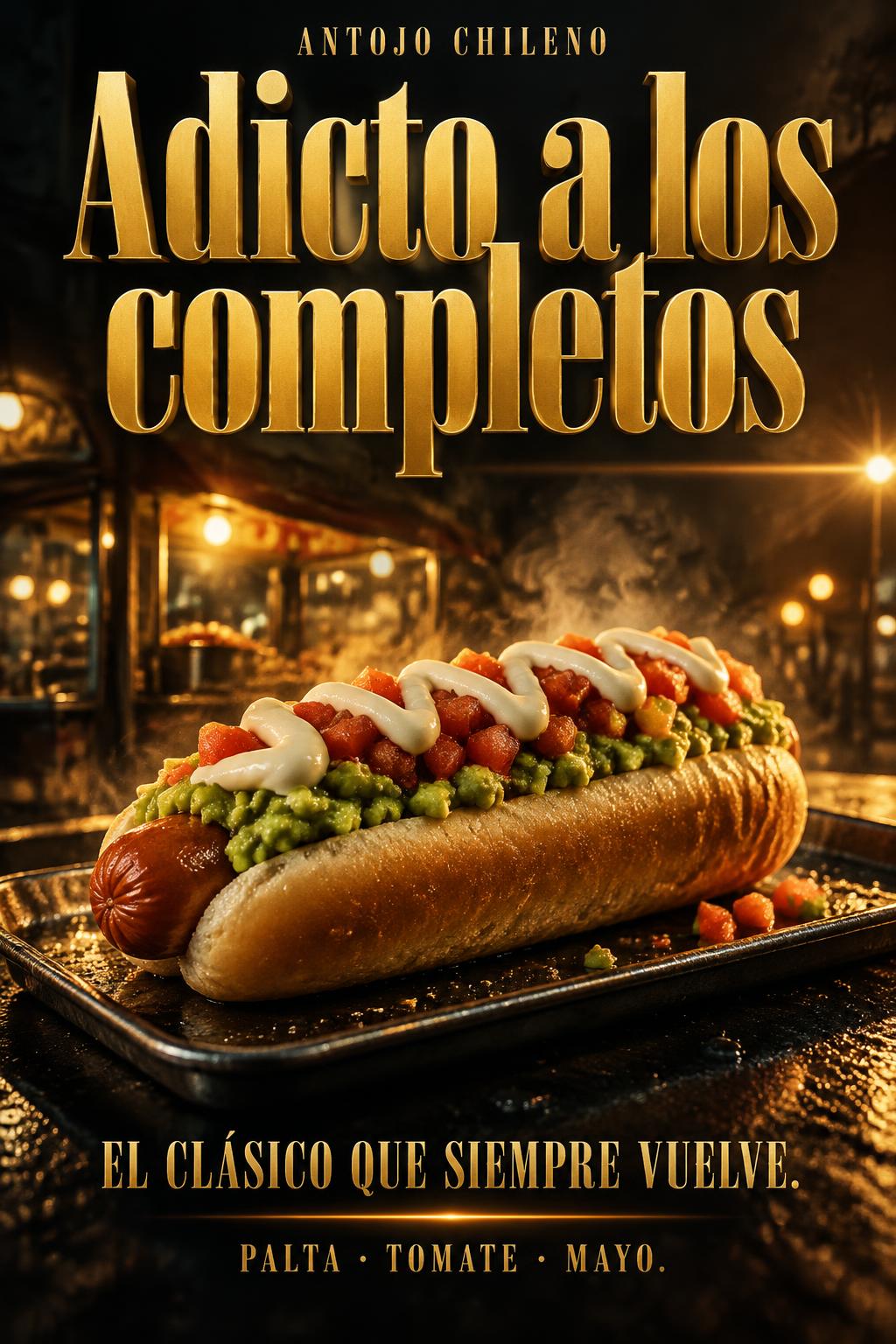 "Adicto a los completos
EL CLÁSICO QUE SIEMPRE VUELVE
PALTA · TOMATE · MAYO
ANTOJO CHILENO" — Cinematic | AI Text Effect Generator