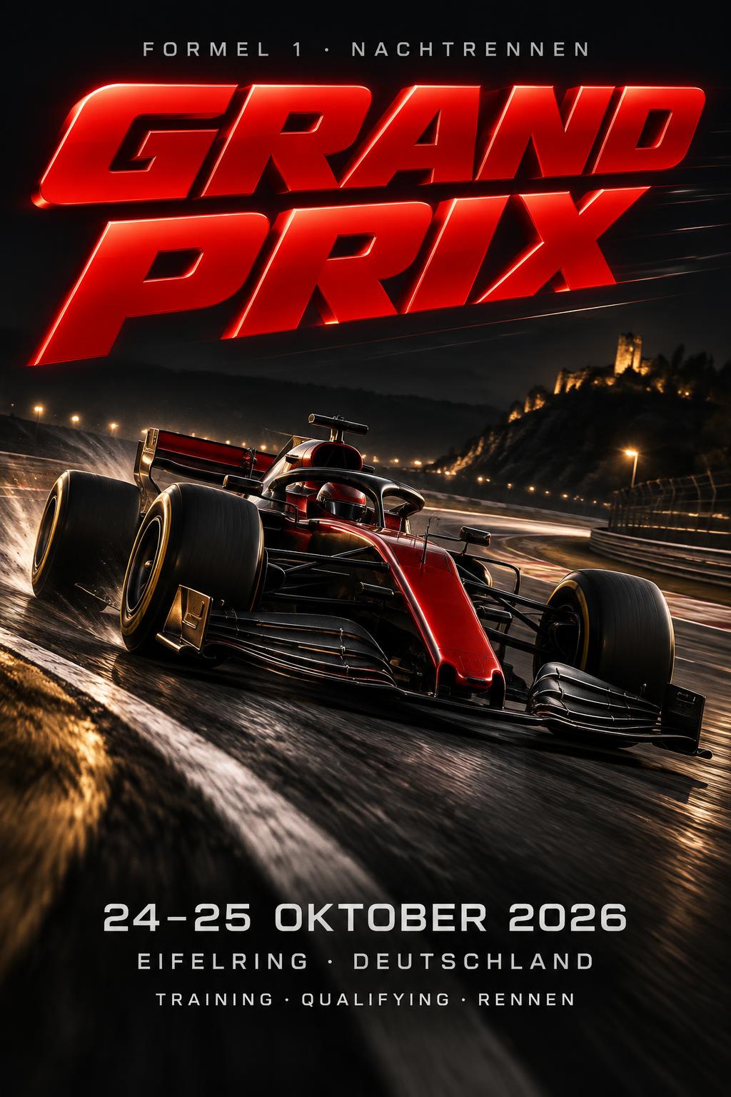 "GRAND PRIX
FORMEL 1 · NACHTRENNEN
24–25 OKTOBER 2026
EIFELRING · DEUTSCHLAND
TRAINING · QUALIFYING · RENNEN" — Racing | AI Text Effect Generator