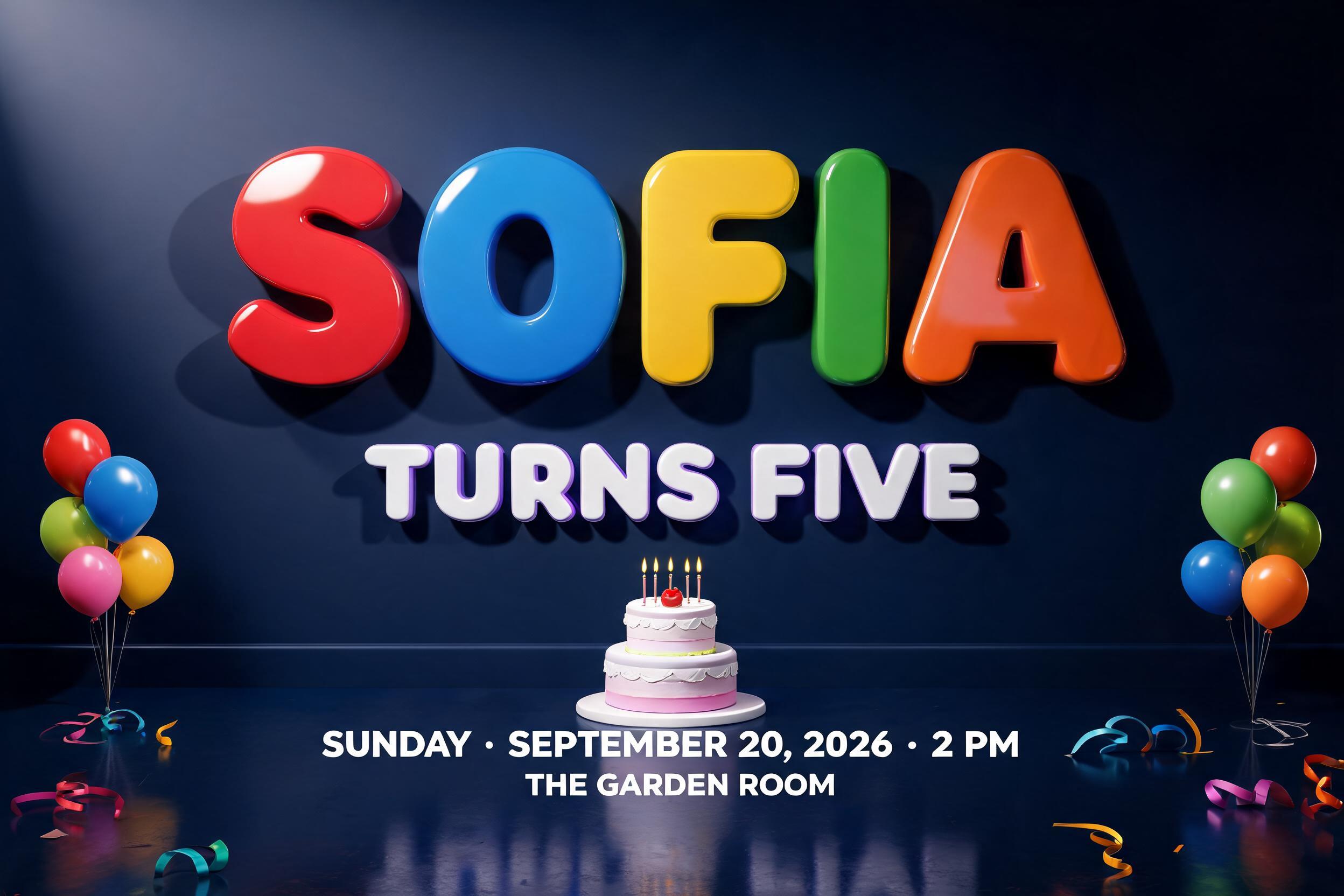 "SOFIA
TURNS FIVE
SUNDAY • SEPTEMBER 20, 2026 • 2 PM
THE GARDEN ROOM" — 3d Bold | AI Text Effect Generator
