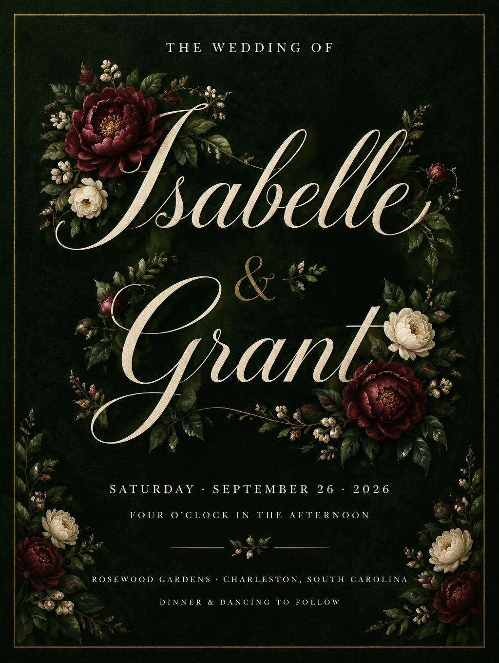 "Isabelle
&
Grant
THE WEDDING OF
SATURDAY · SEPTEMBER 26 · 2026
FOUR O’CLOCK IN THE AFTERNOON
ROSEWOOD GARDENS · CHARLESTON, SOUTH CAROLINA
DINNER & DANCING TO FOLLOW" — Floral | AI Text Effect Generator