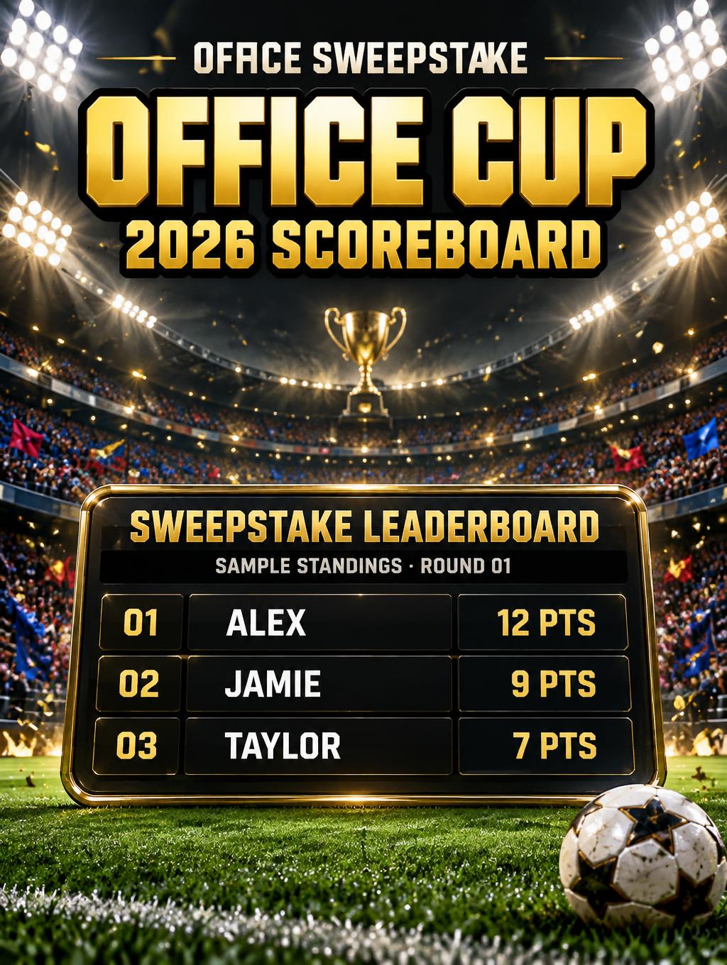 "OFFICE CUP
2026 SCOREBOARD
OFFICE SWEEPSTAKE
SWEEPSTAKE LEADERBOARD
SAMPLE STANDINGS · ROUND 01
01  ALEX  12 PTS
02  JAMIE  9 PTS
03  TAYLOR  7 PTS" — Sports Football | AI Text Effect Generator