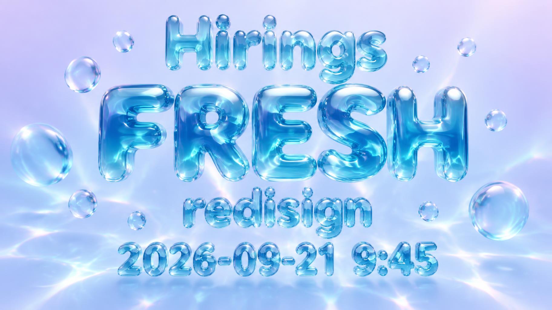 "Hirings FRESH redisign tomorrow 9:45" — Glass Liquid | AI Text Effect Generator