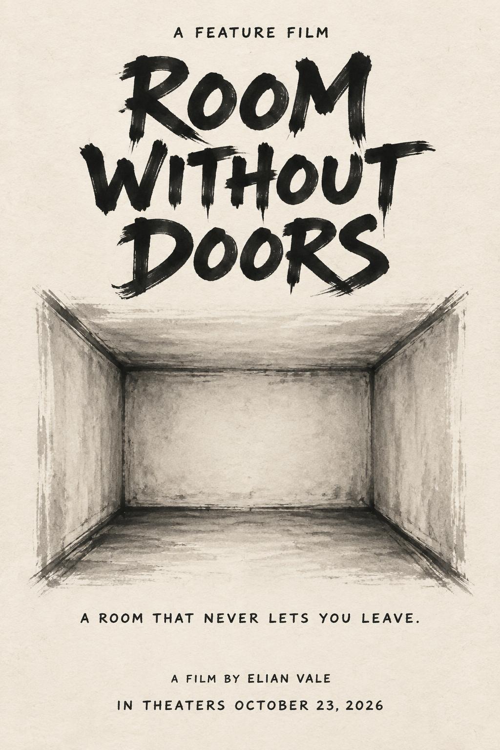 "ROOM WITHOUT DOORS
A FEATURE FILM
A ROOM THAT NEVER LETS YOU LEAVE.
A FILM BY ELIAN VALE
IN THEATERS OCTOBER 23, 2026" — Brush Japanese Ink | AI Text Effect Generator