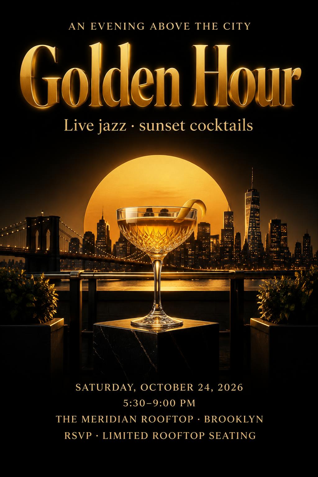 "AN EVENING ABOVE THE CITY
Golden Hour
Live jazz · sunset cocktails
SATURDAY, OCTOBER 24, 2026
5:30–9:00 PM
THE MERIDIAN ROOFTOP · BROOKLYN
RSVP · LIMITED ROOFTOP SEATING" — 3d Bold Gold | AI Text Effect Generator