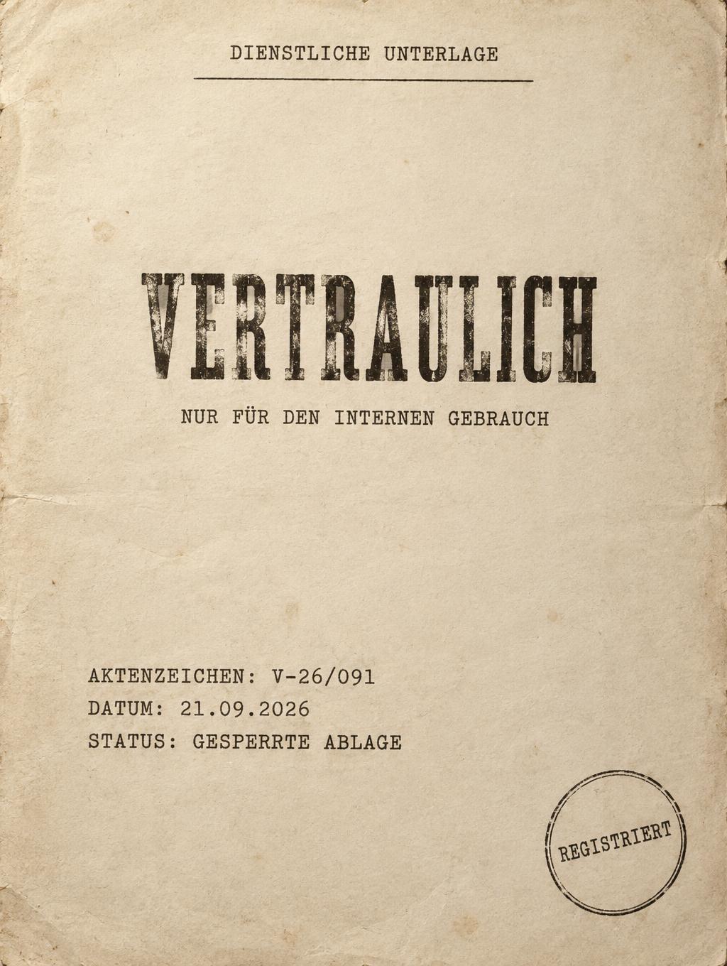 "VERTRAULICH
DIENSTLICHE UNTERLAGE
NUR FÜR DEN INTERNEN GEBRAUCH
AKTENZEICHEN: V-26/091
DATUM: 21.09.2026
STATUS: GESPERRTE ABLAGE
REGISTRIERT" — Typewriter | AI Text Effect Generator