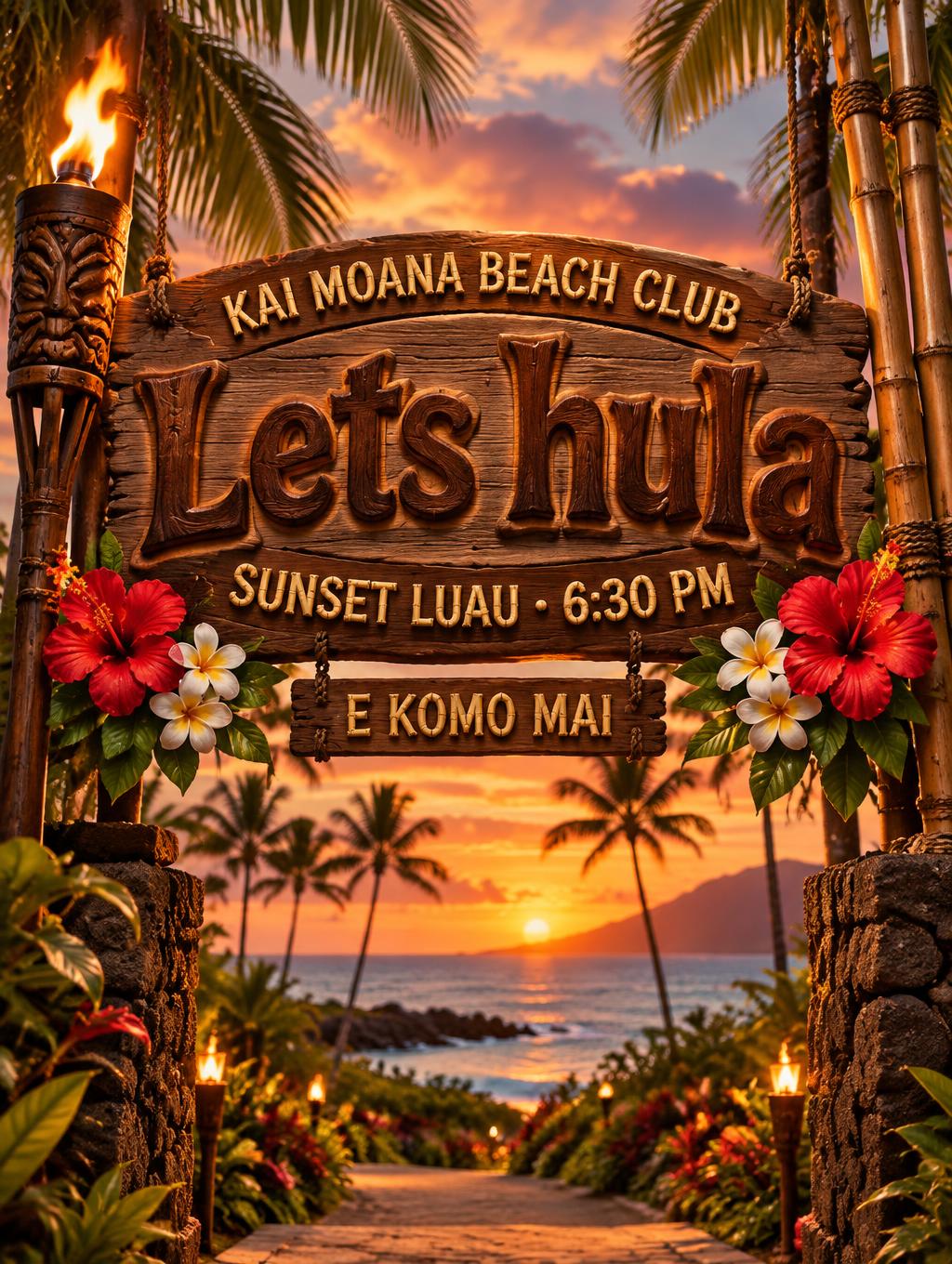 "Lets hula
KAI MOANA BEACH CLUB
SUNSET LUAU · 6:30 PM
E KOMO MAI" — Hawaiian | AI Text Effect Generator