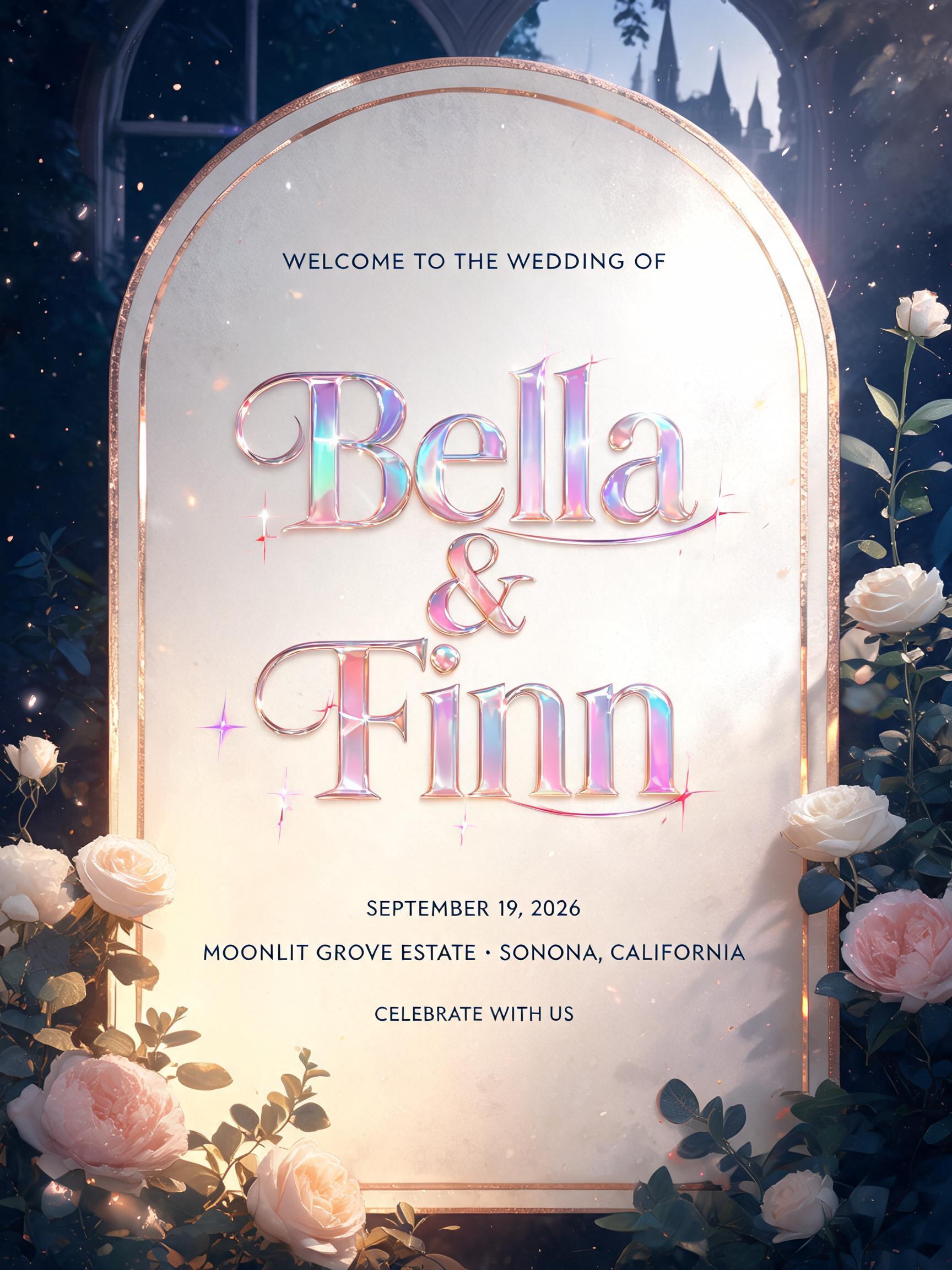 "WELCOME TO THE WEDDING OF
Bella
& Finn
SEPTEMBER 19, 2026
MOONLIT GROVE ESTATE · SONOMA, CALIFORNIA
CELEBRATE WITH US" — Fairy Tale | AI Text Effect Generator