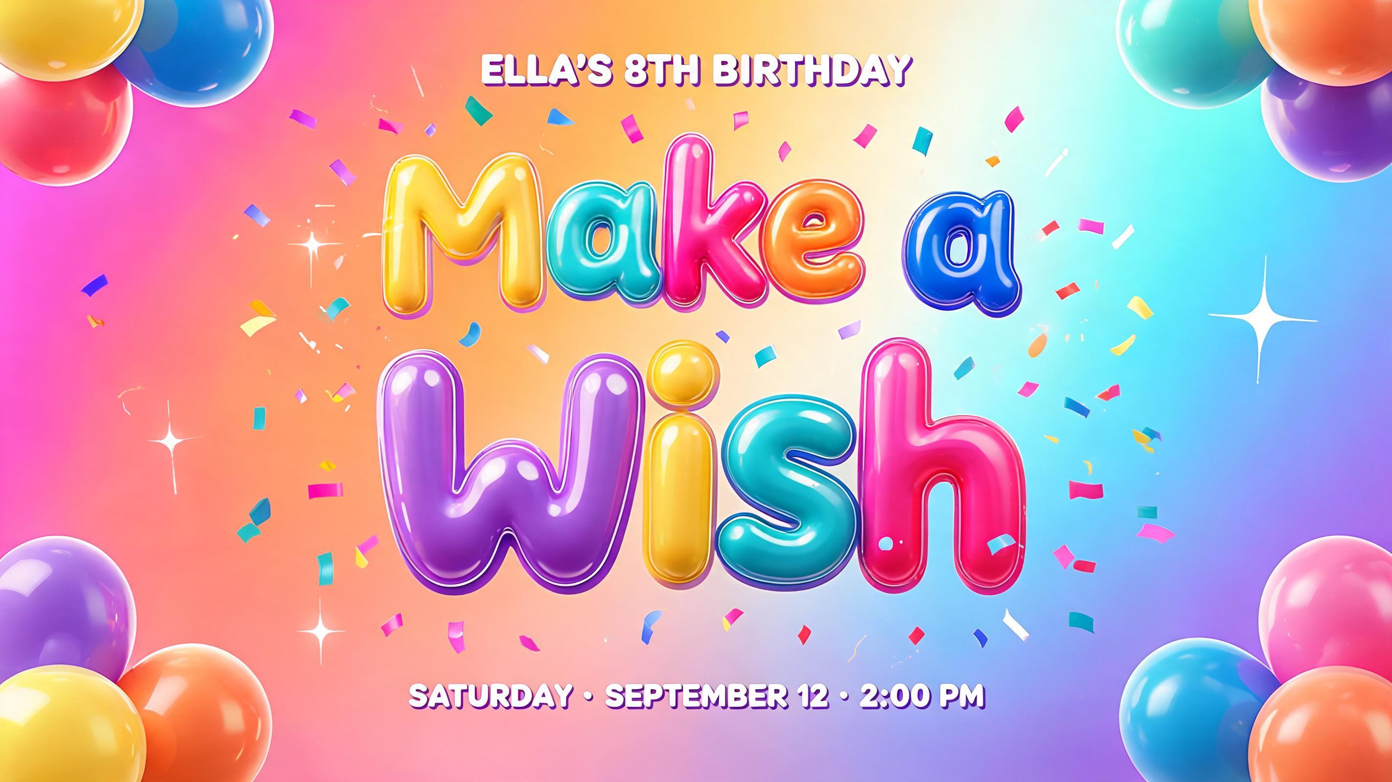 "ELLA’S 8TH BIRTHDAY
Make a Wish
SATURDAY · SEPTEMBER 12 · 2:00 PM" — Birthday | AI Text Effect Generator