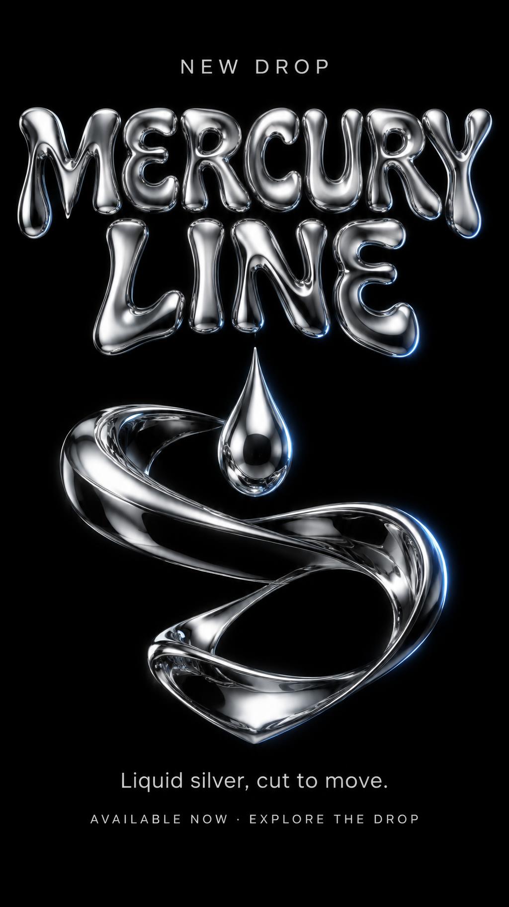 "MERCURY LINE
NEW DROP
Liquid silver, cut to move.
AVAILABLE NOW · EXPLORE THE DROP" — Chrome Metal 3d | AI Text Effect Generator