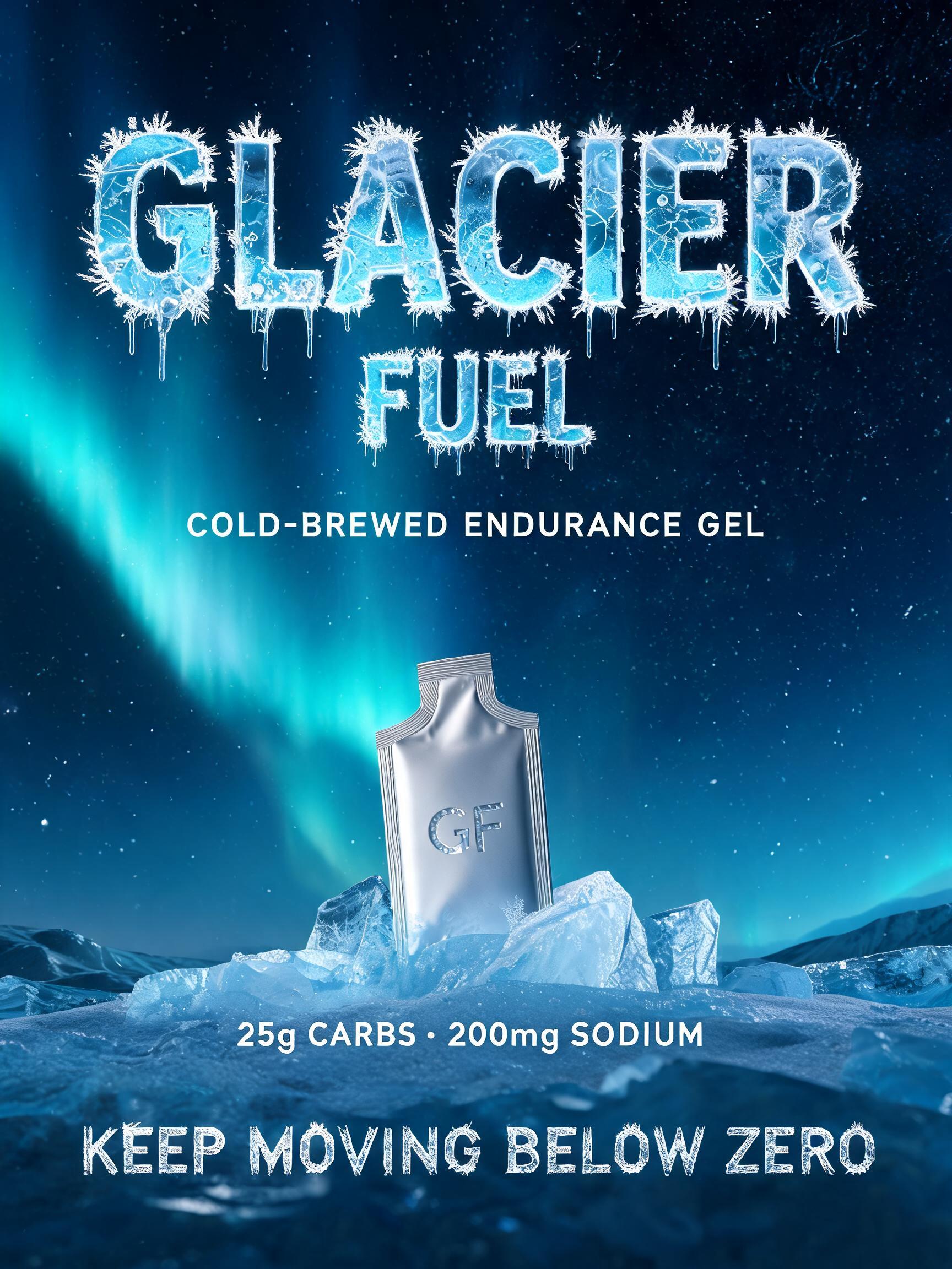 "GLACIER
FUEL
COLD-BREWED ENDURANCE GEL
25g CARBS · 200mg SODIUM
KEEP MOVING BELOW ZERO" — Glass Frozen | AI Text Effect Generator
