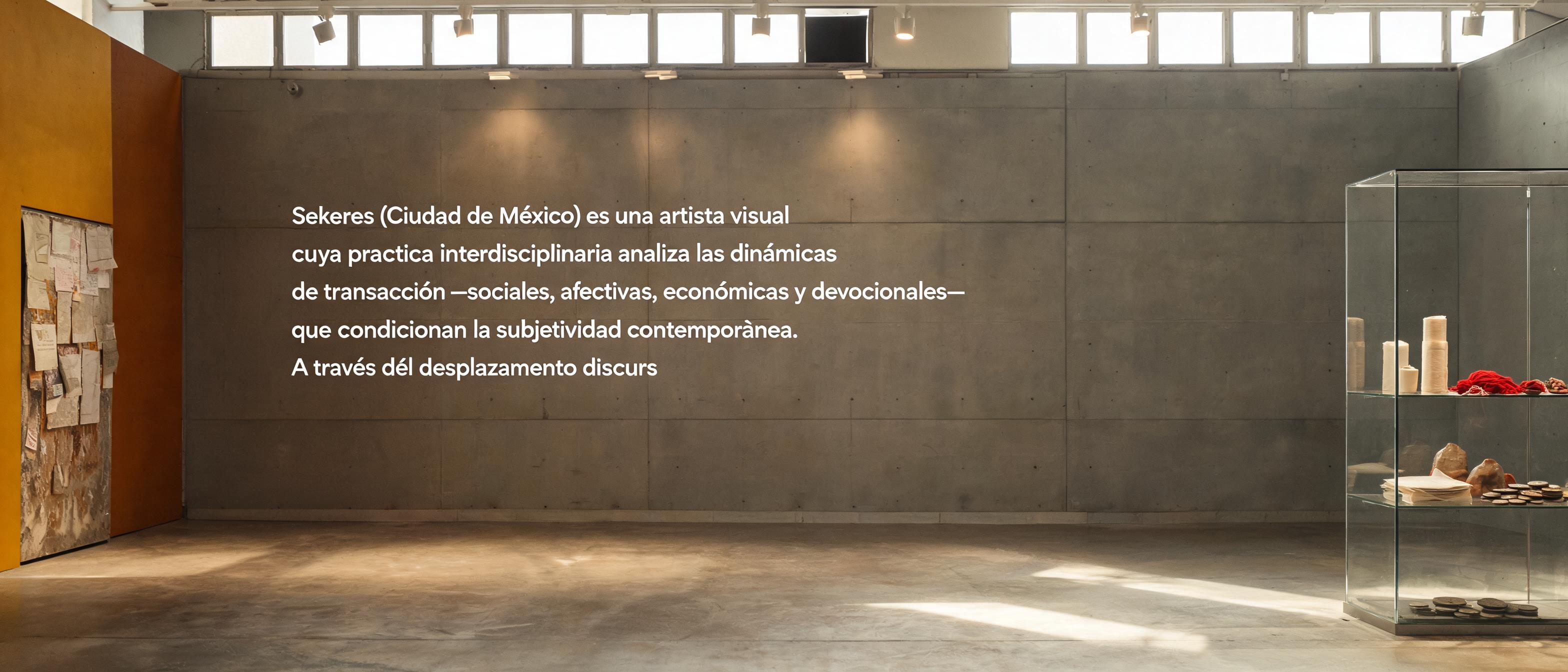 "Sekeres (Ciudad de México) es una artista visual cuya práctica interdisciplinaria analiza las dinámicas de transacción —sociales, afectivas, económicas y devocionales— que condicionan la subjetividad contemporánea. A través del desplazamiento discurs" —  | AI Text Effect Generator