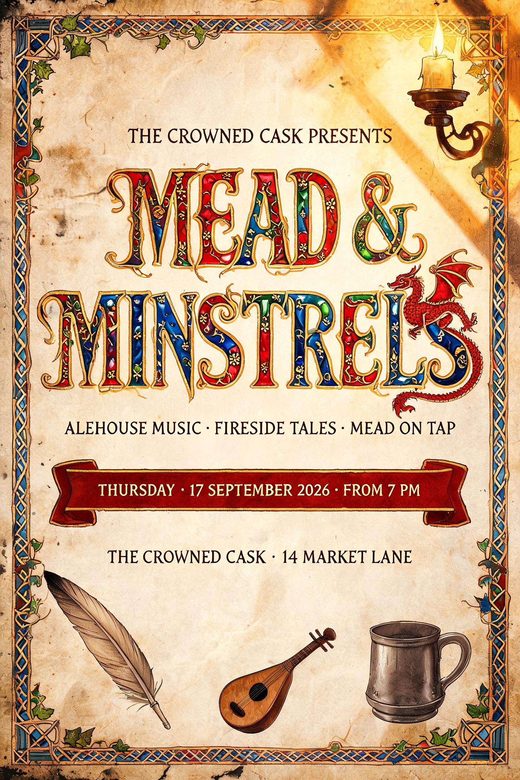 "MEAD &
MINSTRELS
THE CROWNED CASK PRESENTS
ALEHOUSE MUSIC · FIRESIDE TALES · MEAD ON TAP
THURSDAY · 17 SEPTEMBER 2026 · FROM 7 PM
THE CROWNED CASK · 14 MARKET LANE" — Medieval | AI Text Effect Generator