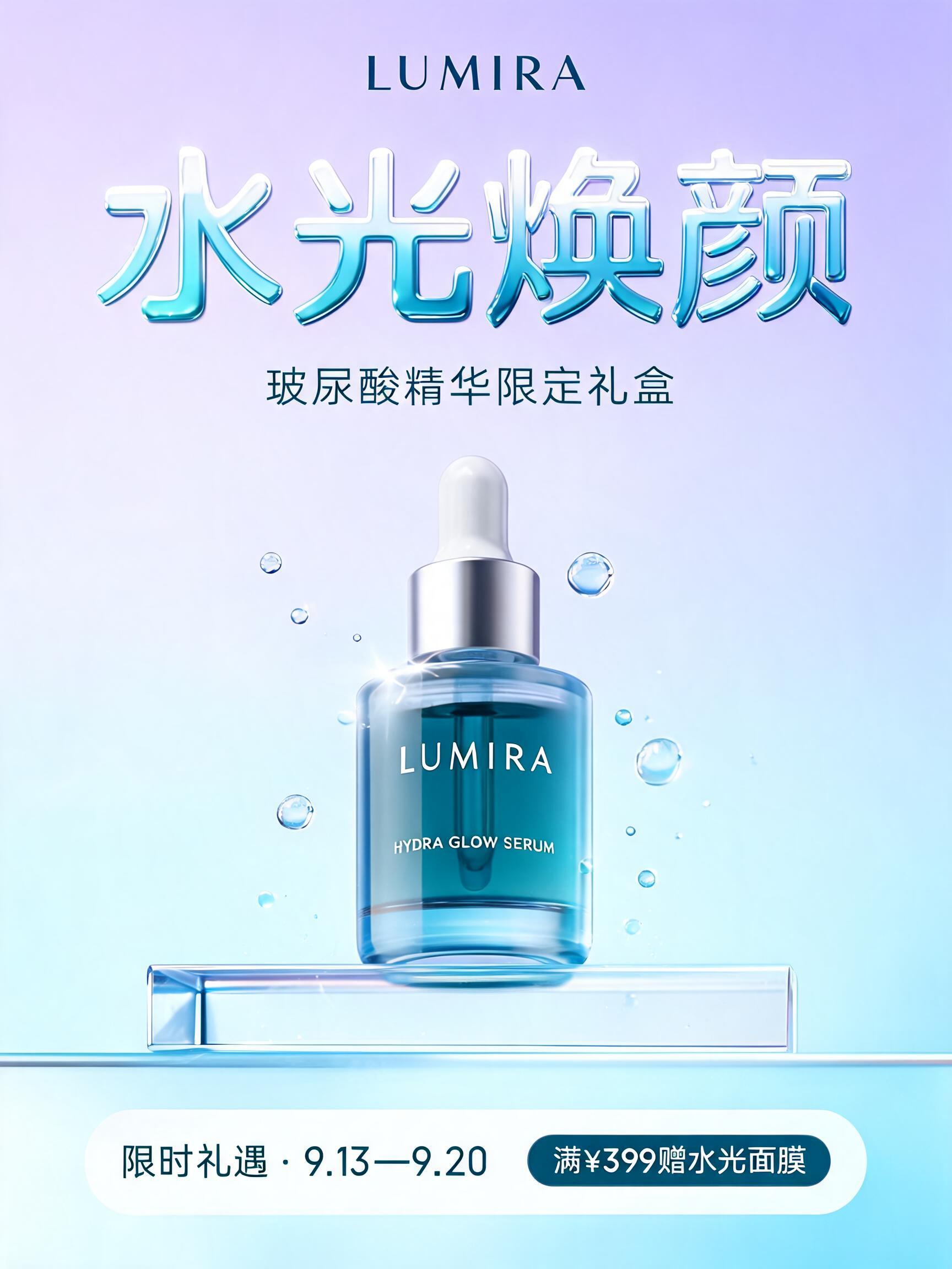 "水光焕颜
玻尿酸精华限定礼盒
LUMIRA
限时礼遇 · 9.13—9.20
满¥399赠水光面膜
HYDRA GLOW SERUM" — Glass Liquid | AI Text Effect Generator