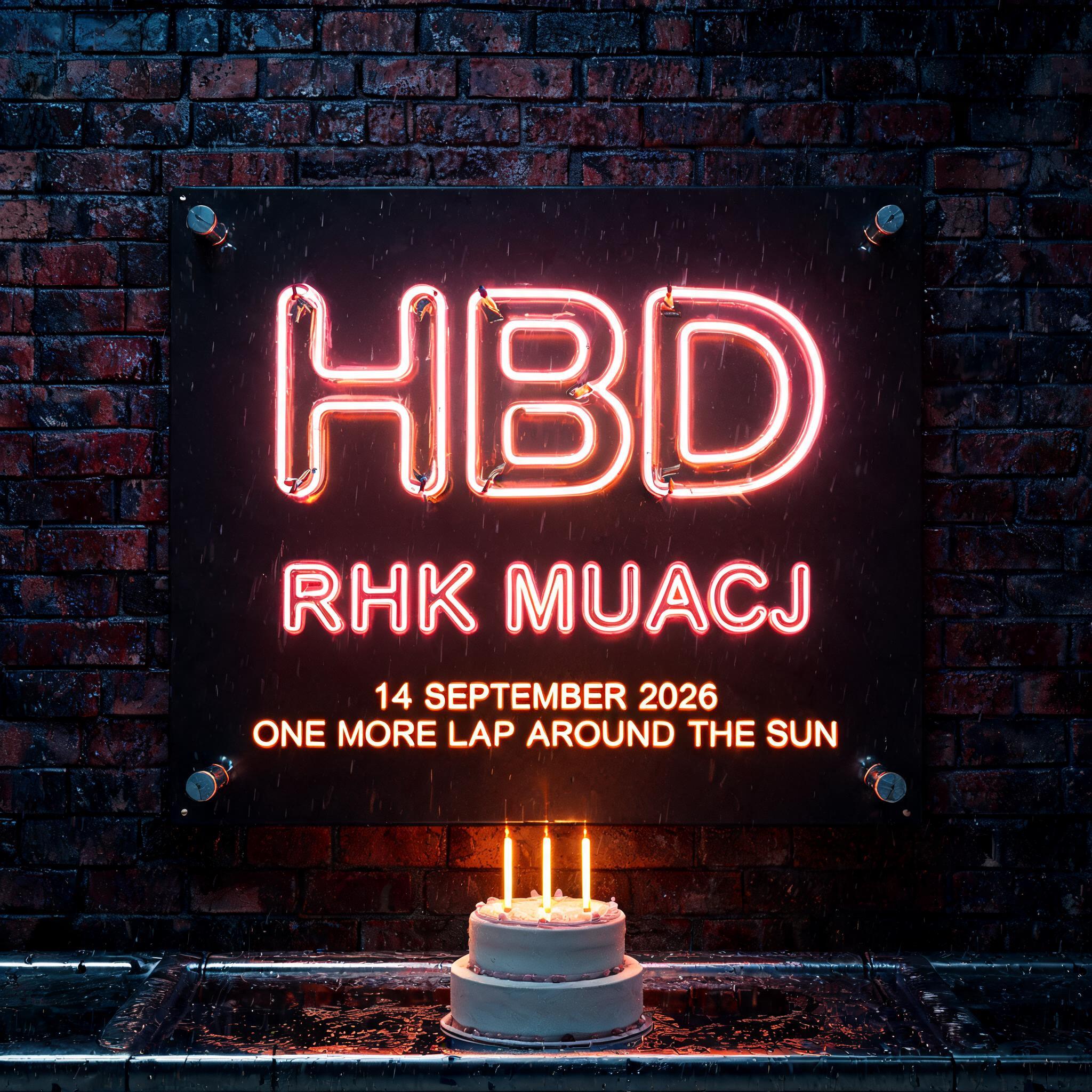 "HBD
RHK MUACJ
14 SEPTEMBER 2026
ONE MORE LAP AROUND THE SUN" — Neon Sign | AI Text Effect Generator