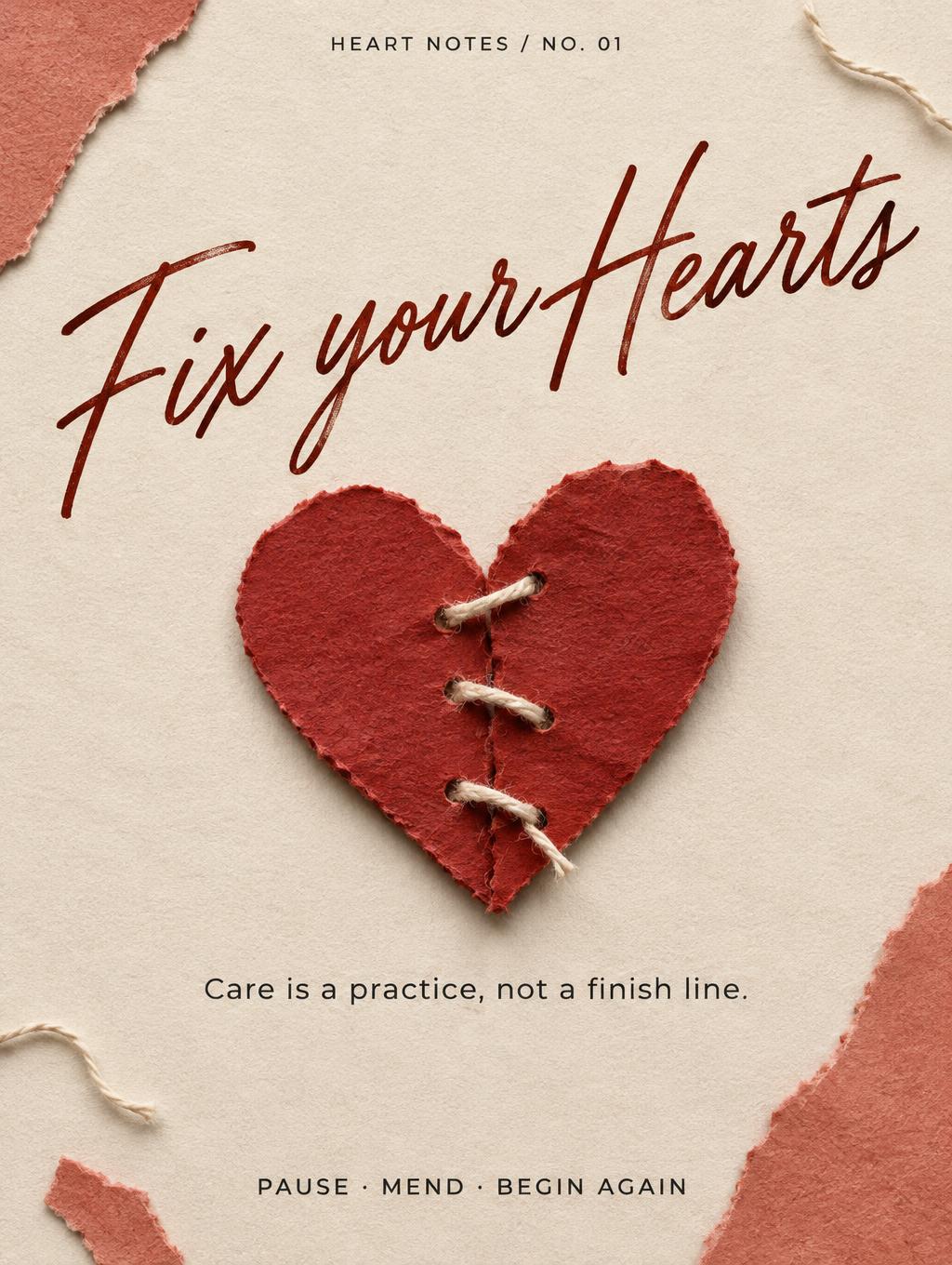 "Fix your Hearts
HEART NOTES / NO. 01
Care is a practice, not a finish line.
PAUSE · MEND · BEGIN AGAIN" — Papier Und Garn text effect