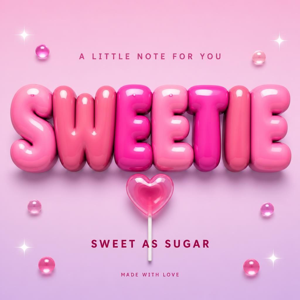 "SWEETIE
A LITTLE NOTE FOR YOU
SWEET AS SUGAR
MADE WITH LOVE" — 3d Bold Inflated | AI Text Effect Generator