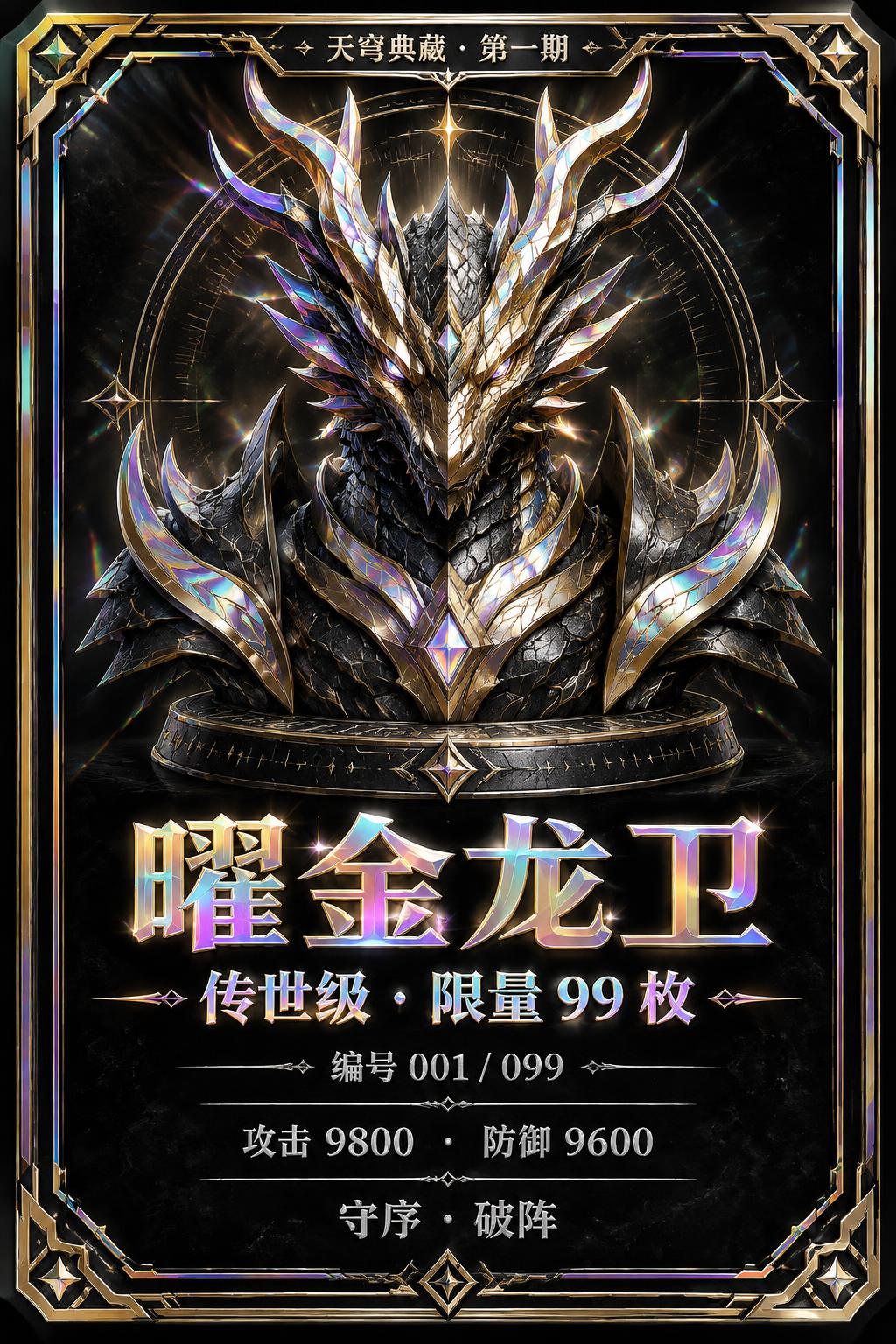 "天穹典藏 · 第一期
曜金龙卫
传世级 · 限量 99 枚
编号 001 / 099
攻击 9800  ·  防御 9600
守序 · 破阵" — Holographic | AI Text Effect Generator