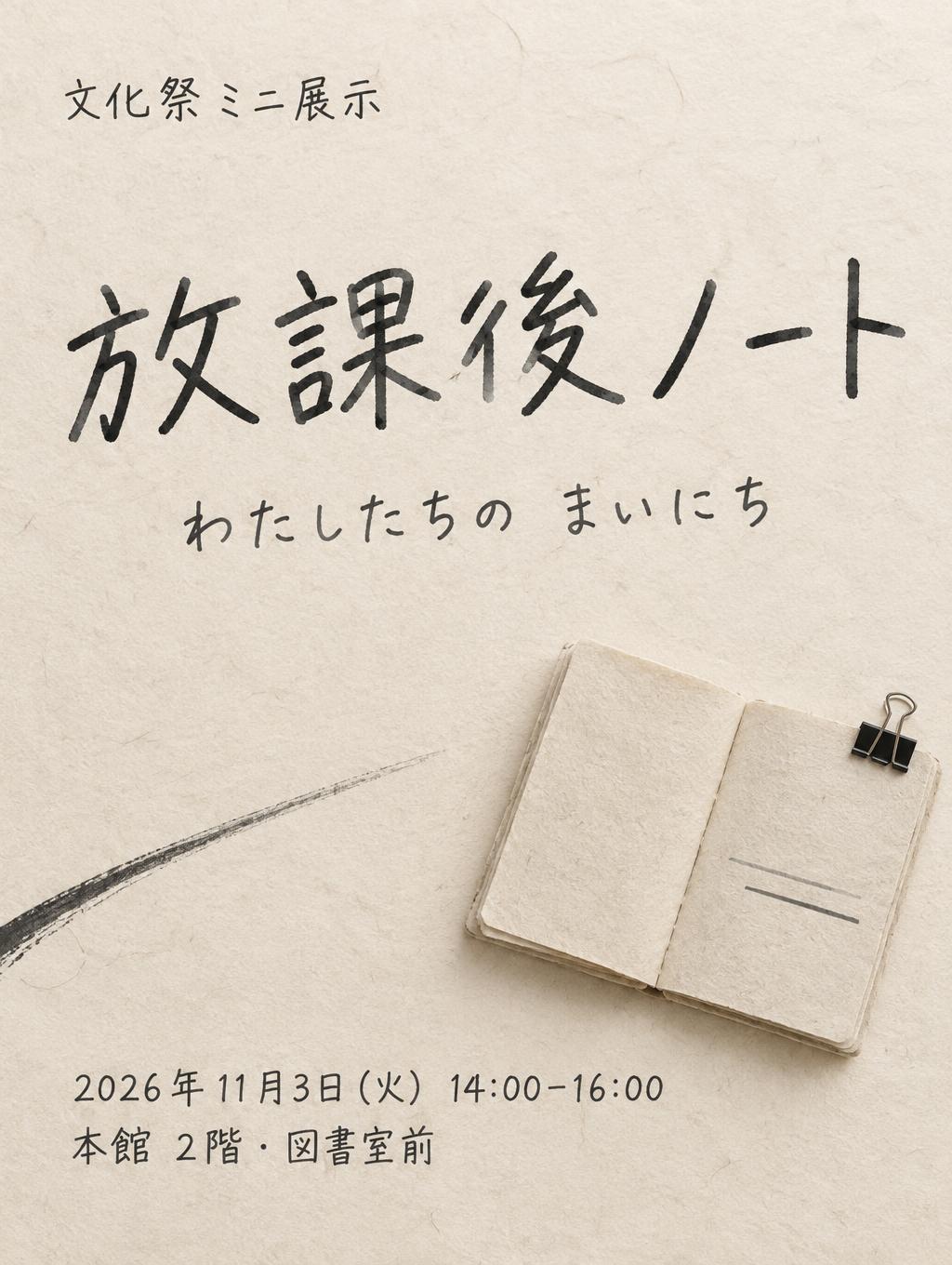 "放課後ノート
文化祭ミニ展示
わたしたちの まいにち
2026年11月3日（火） 14:00–16:00
本館 2階・図書室前" — Brush Japanese Ink | AI Text Effect Generator
