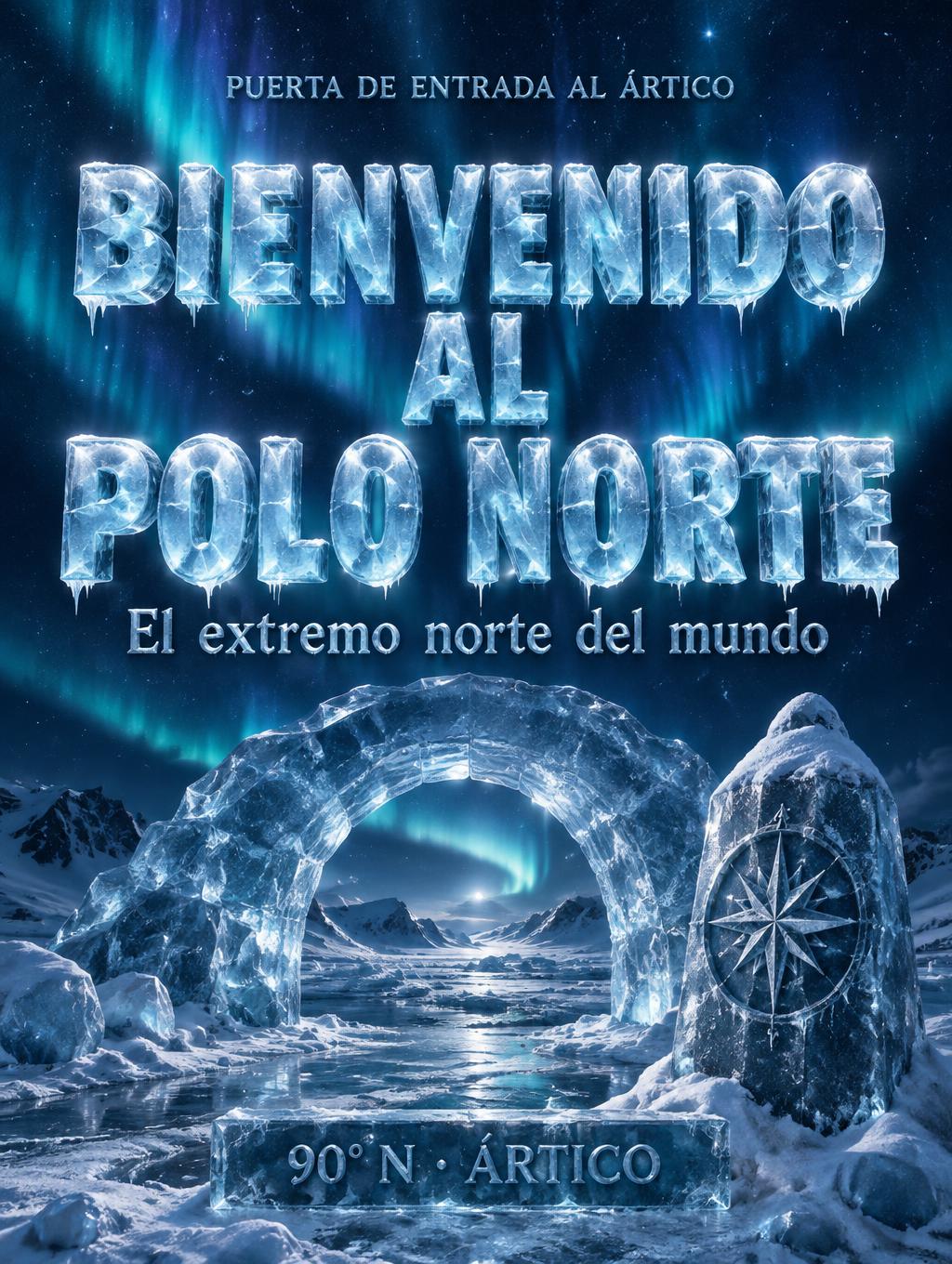 "PUERTA DE ENTRADA AL ÁRTICO
BIENVENIDO AL POLO NORTE
El extremo norte del mundo
90° N · ÁRTICO" — Glass Frozen | AI Text Effect Generator