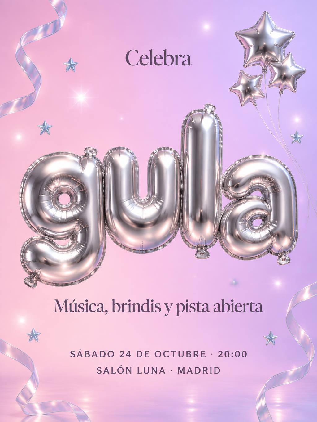 "gula
Celebra
Música, brindis y pista abierta
SÁBADO 24 DE OCTUBRE · 20:00
SALÓN LUNA · MADRID" — Y2k Bubbly | AI Text Effect Generator