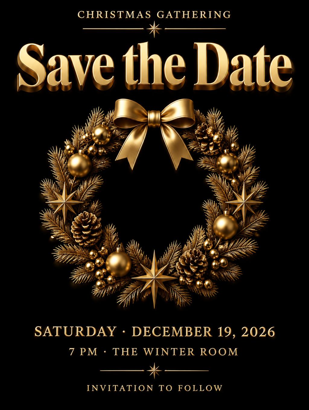 "CHRISTMAS GATHERING
Save the Date
SATURDAY · DECEMBER 19, 2026
7 PM · THE WINTER ROOM
INVITATION TO FOLLOW" — 3d Bold Gold | AI Text Effect Generator