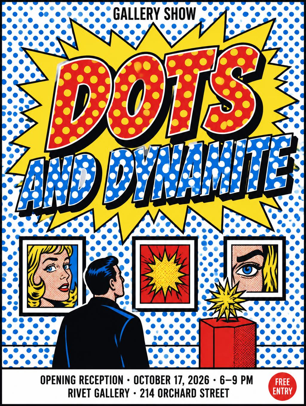 "DOTS
AND DYNAMITE
GALLERY SHOW
OPENING RECEPTION · OCTOBER 17, 2026 · 6–9 PM
RIVET GALLERY · 214 ORCHARD STREET
FREE ENTRY" — Pop Art text effect