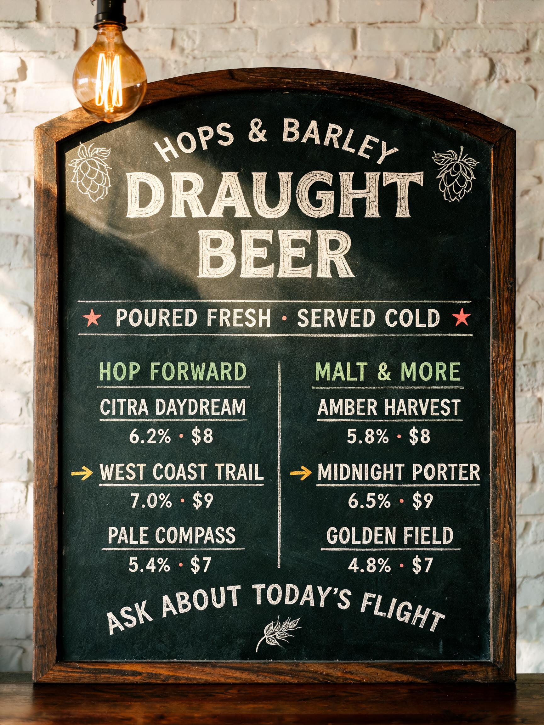 "I want a chalkboard beer list for the brewery Hops & Barley" — Chalk | AI Text Effect Generator