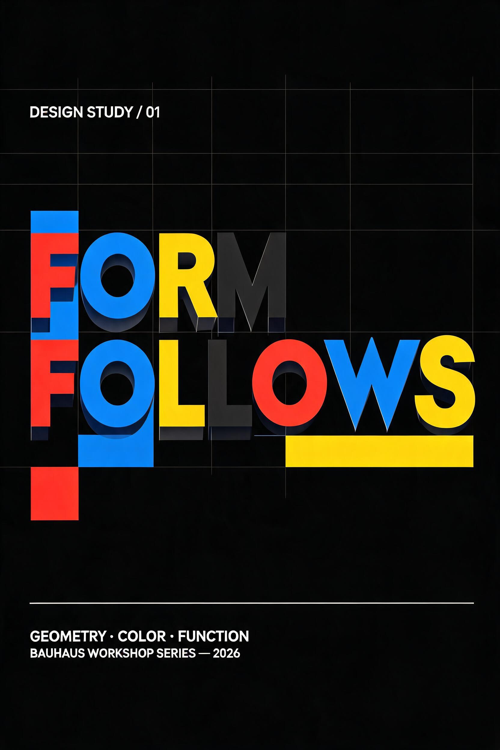 "FORM
FOLLOWS
DESIGN STUDY / 01
GEOMETRY · COLOR · FUNCTION
BAUHAUS WORKSHOP SERIES — 2026" — Geometric text effect