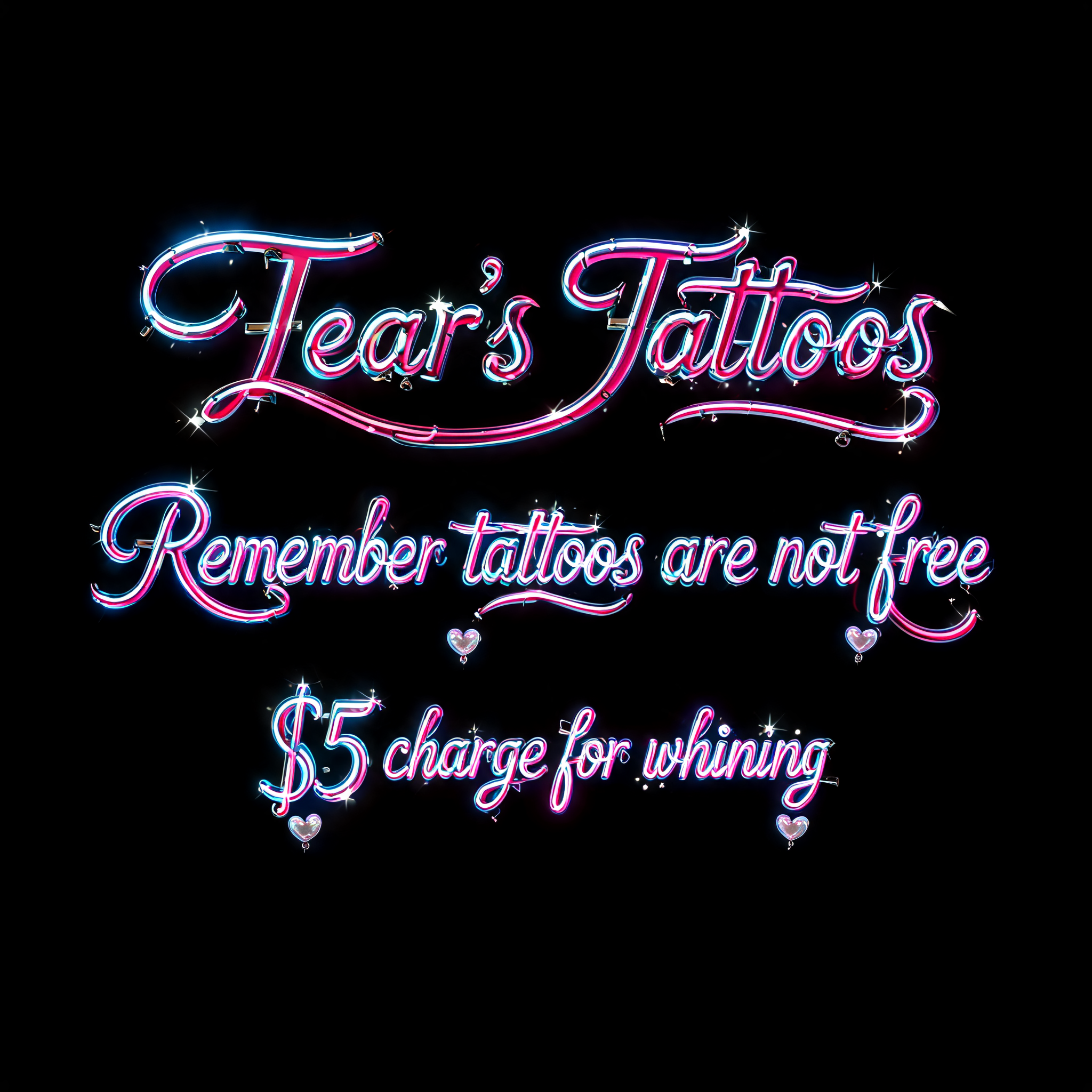 "Tear's Tattoos 
Remember tattoos are not free
$5 charge for whining" — Neon Glow | AI Text Effect Generator