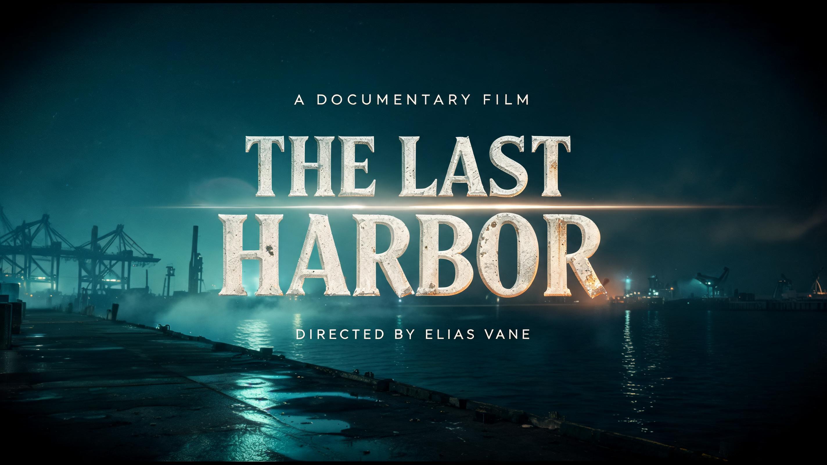 "THE LAST HARBOR
A DOCUMENTARY FILM
DIRECTED BY ELIAS VANE" — Cinematic text effect
