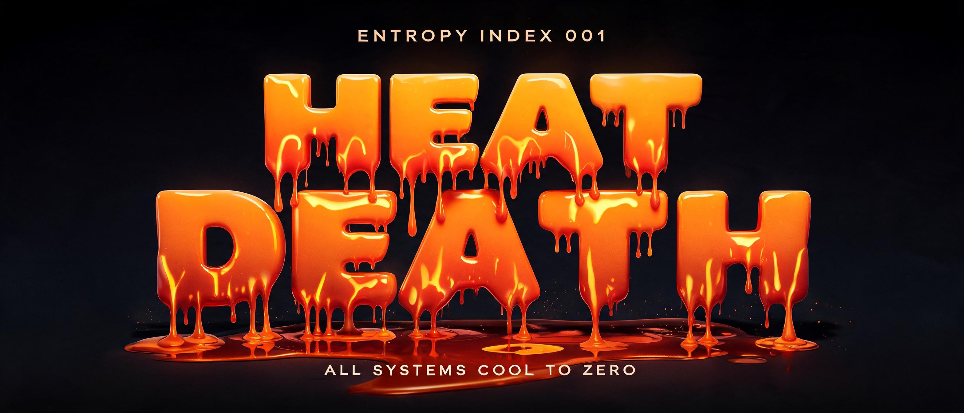 "HEAT
DEATH
ENTROPY INDEX 001
ALL SYSTEMS COOL TO ZERO" — Drip Font Melting | AI Text Effect Generator